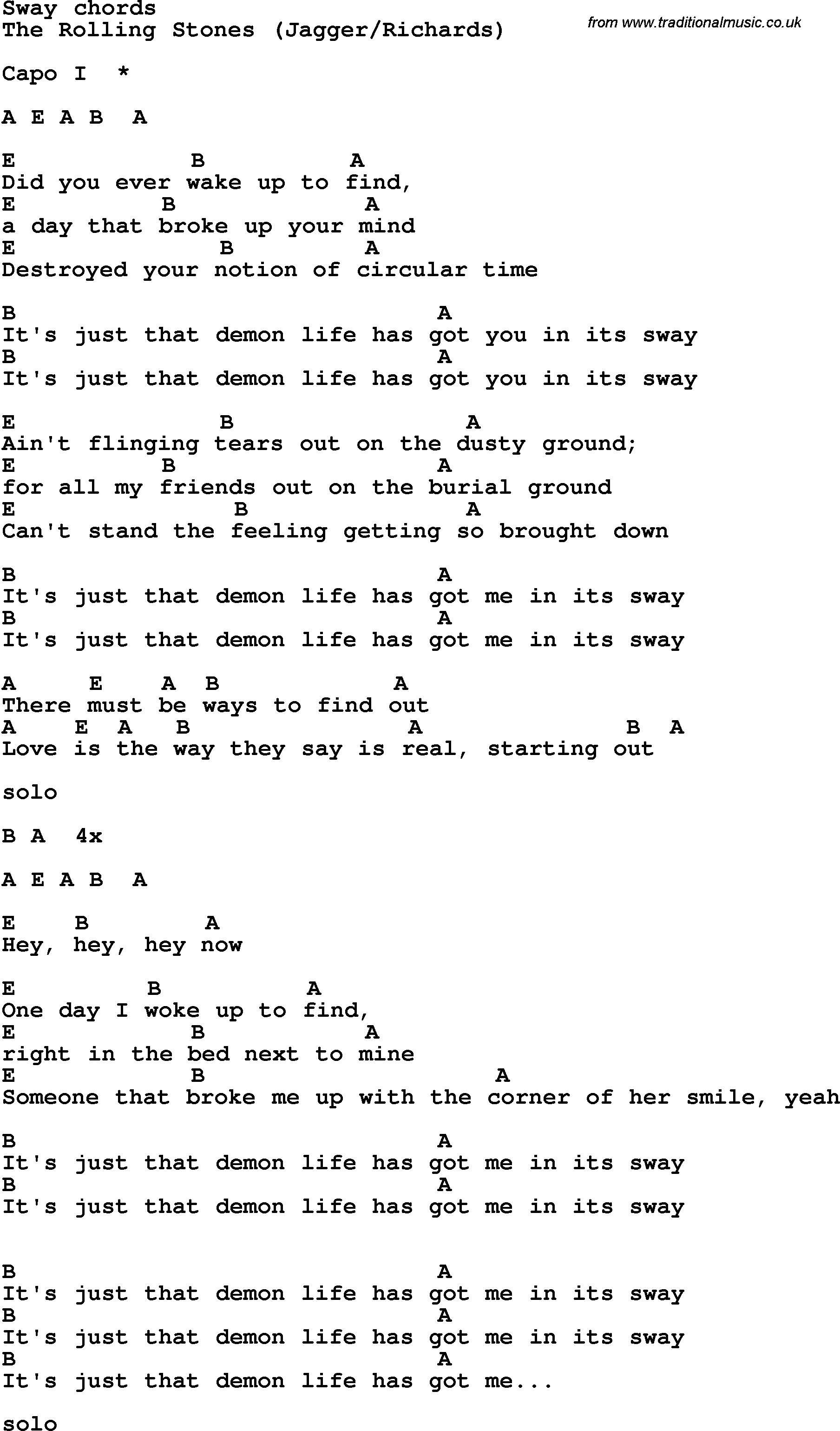 Song Lyrics with guitar chords for Sway