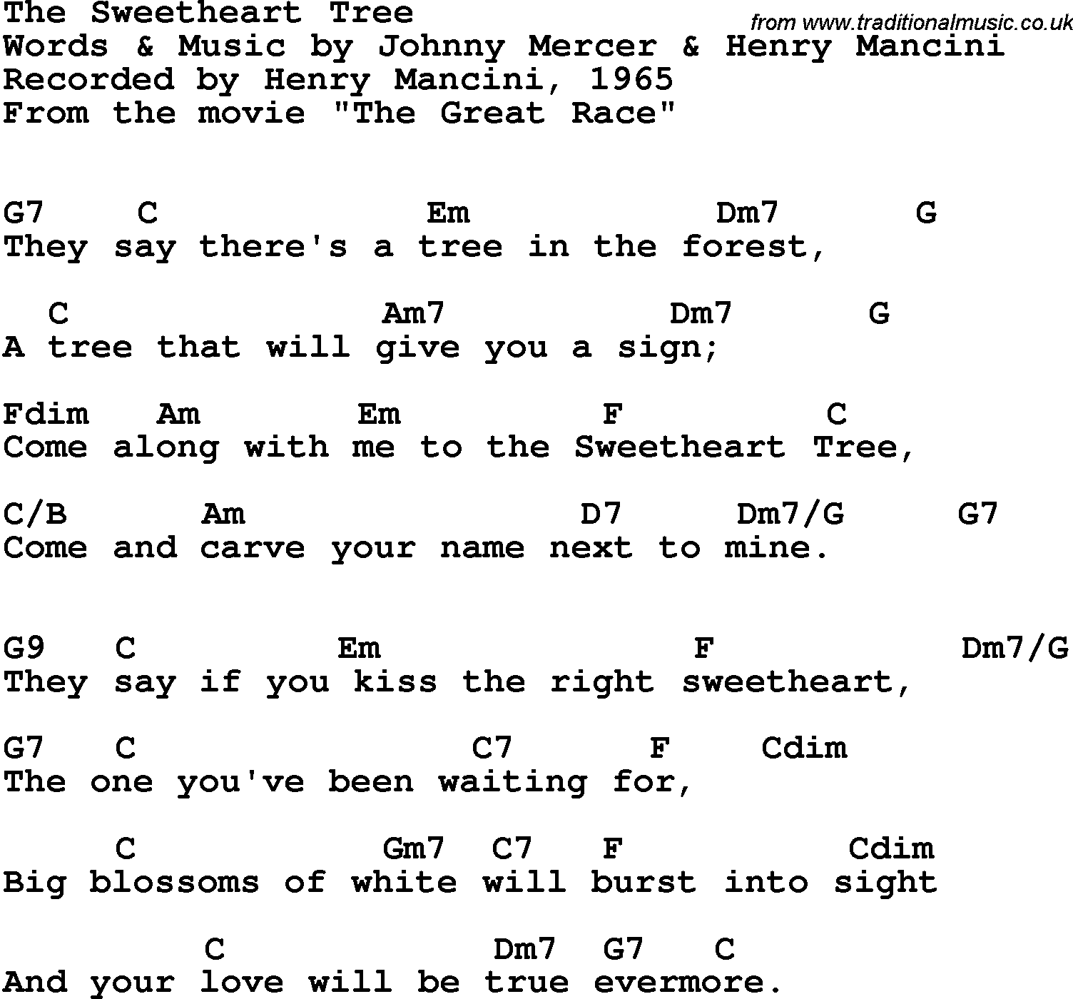 Song Lyrics With Guitar Chords For Sweetheart Tree The Henry Mancini 1965 