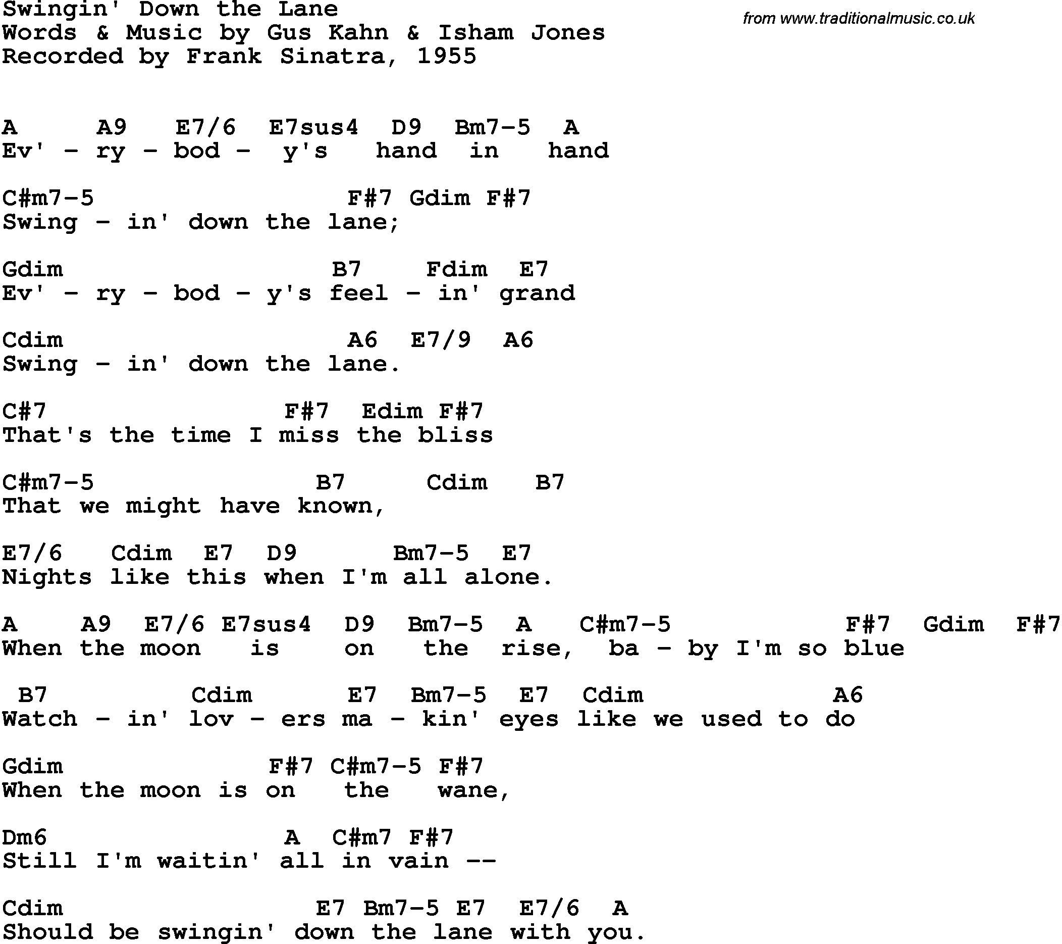 Song Lyrics with guitar chords for Swingin' Down The Lane - Frank Sinatra, 1955
