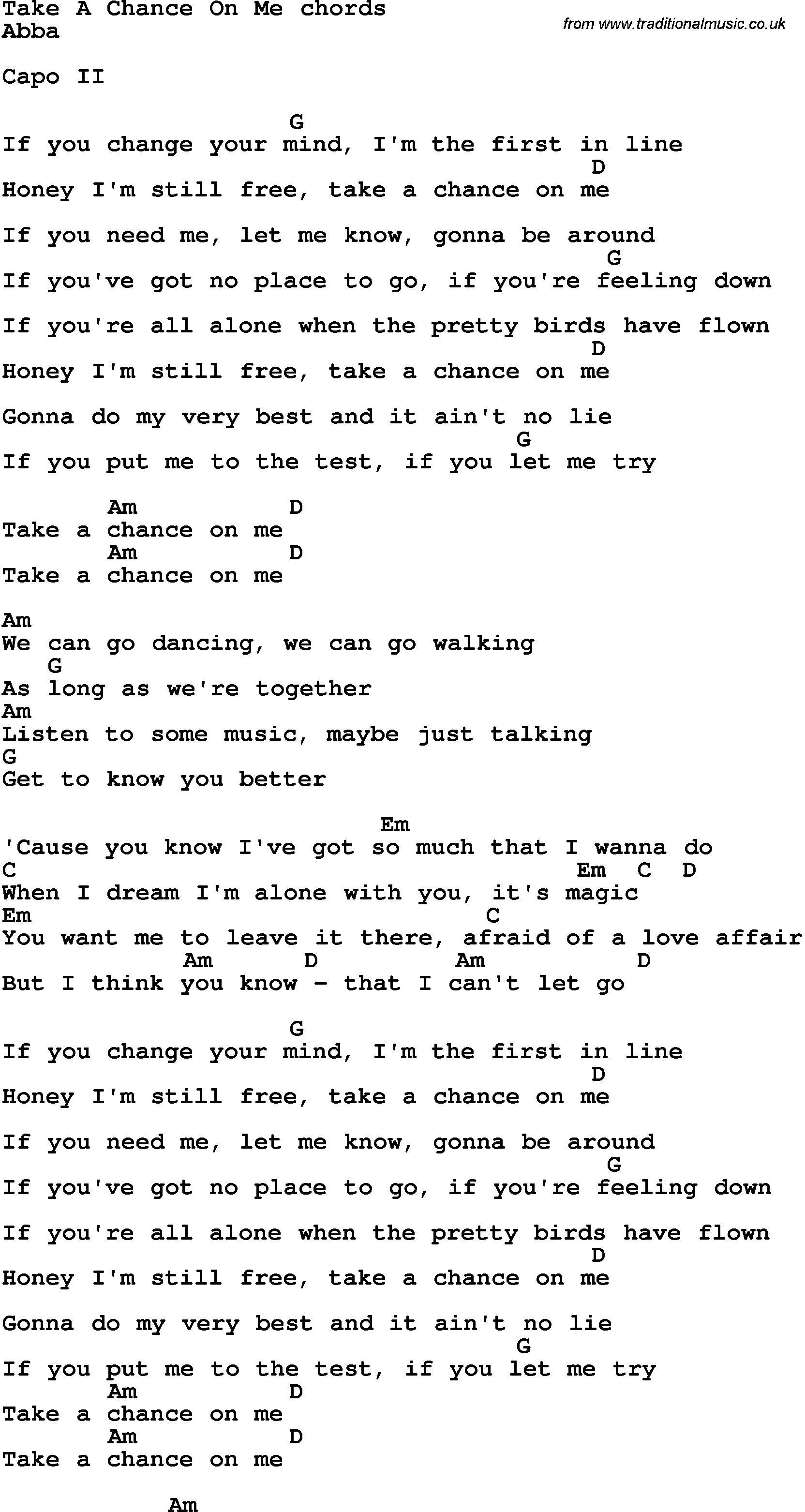 Song Lyrics with guitar chords for Take A Chance On Me - Abba