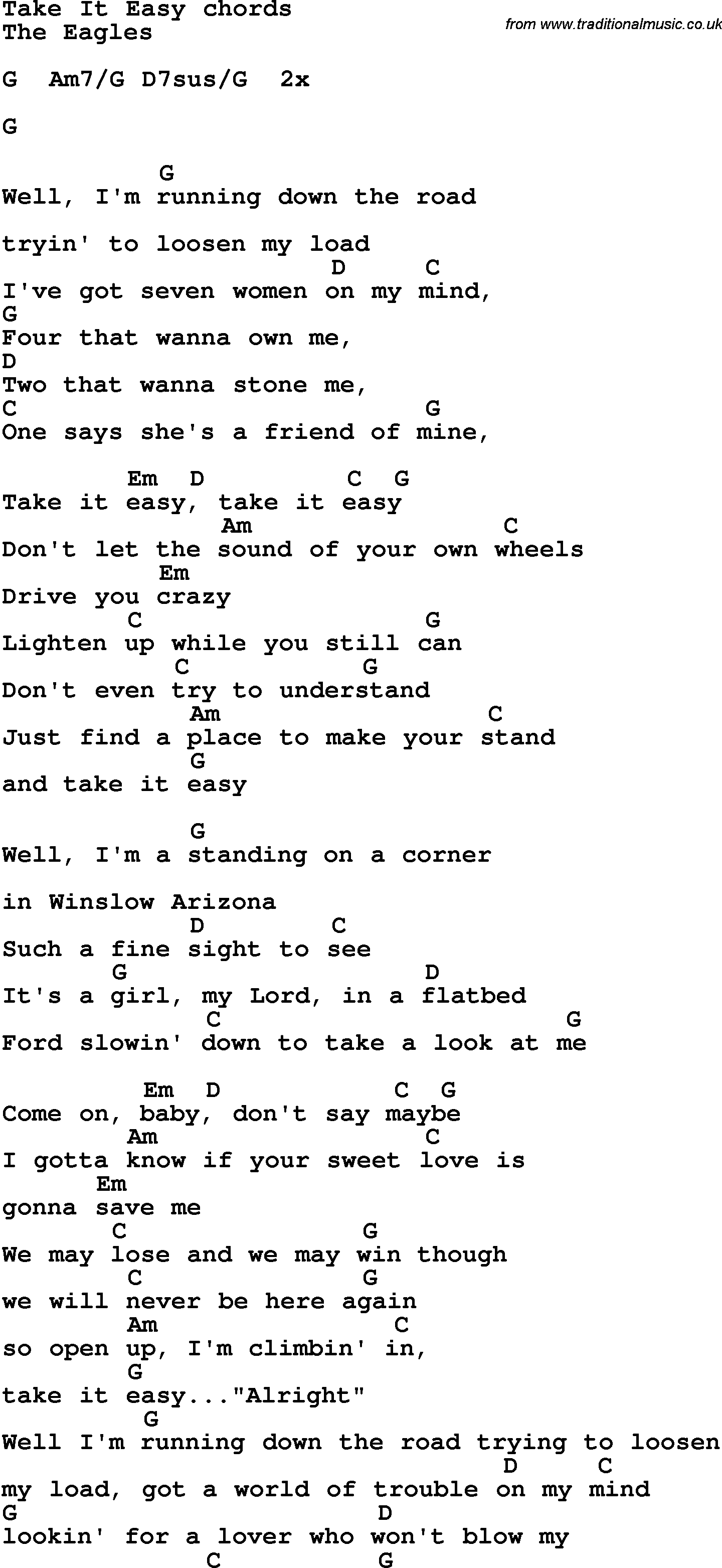 Song Lyrics with guitar chords for Take It Easy - The Eagles