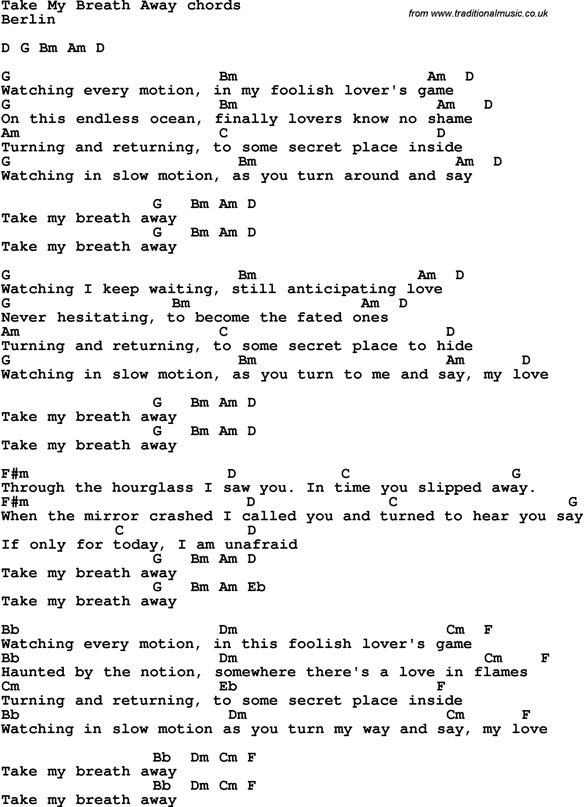 Song Lyrics with guitar chords for Take My Breath Away