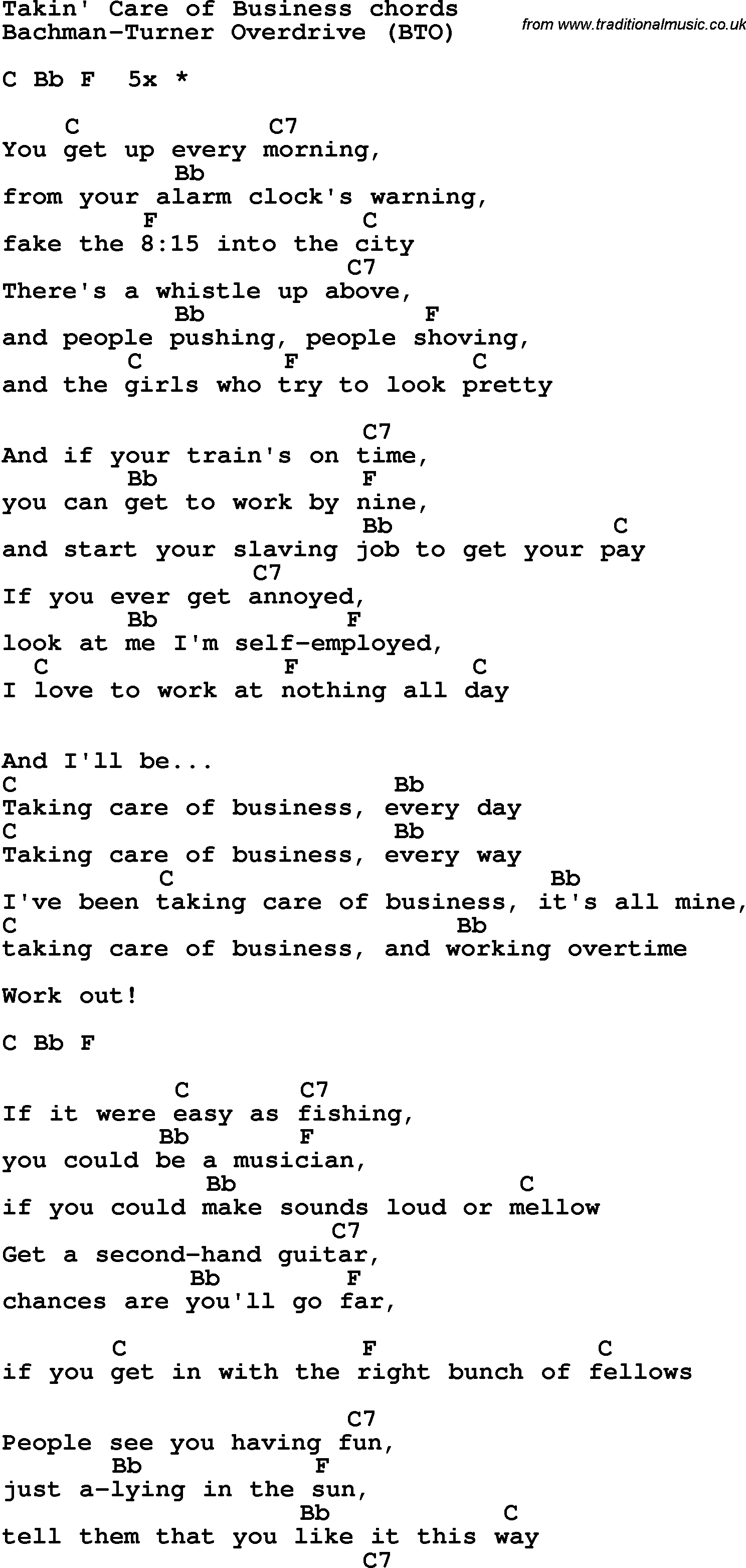 Song Lyrics with guitar chords for Takin' Care Of Business