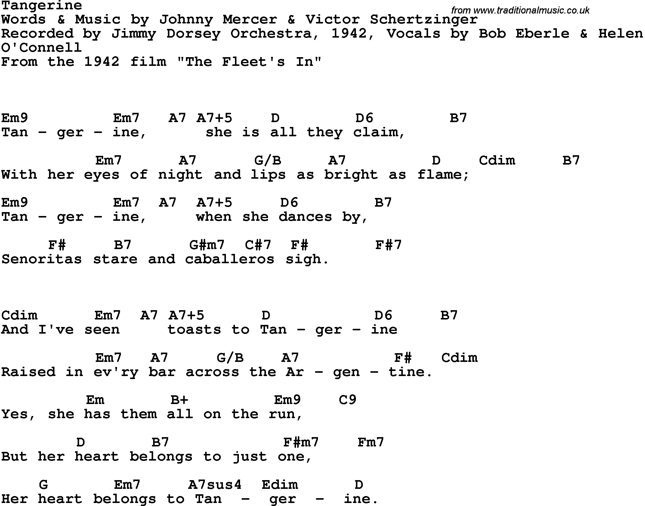 Song Lyrics with guitar chords for Tangerine - Jimmy Dorsey, 1942