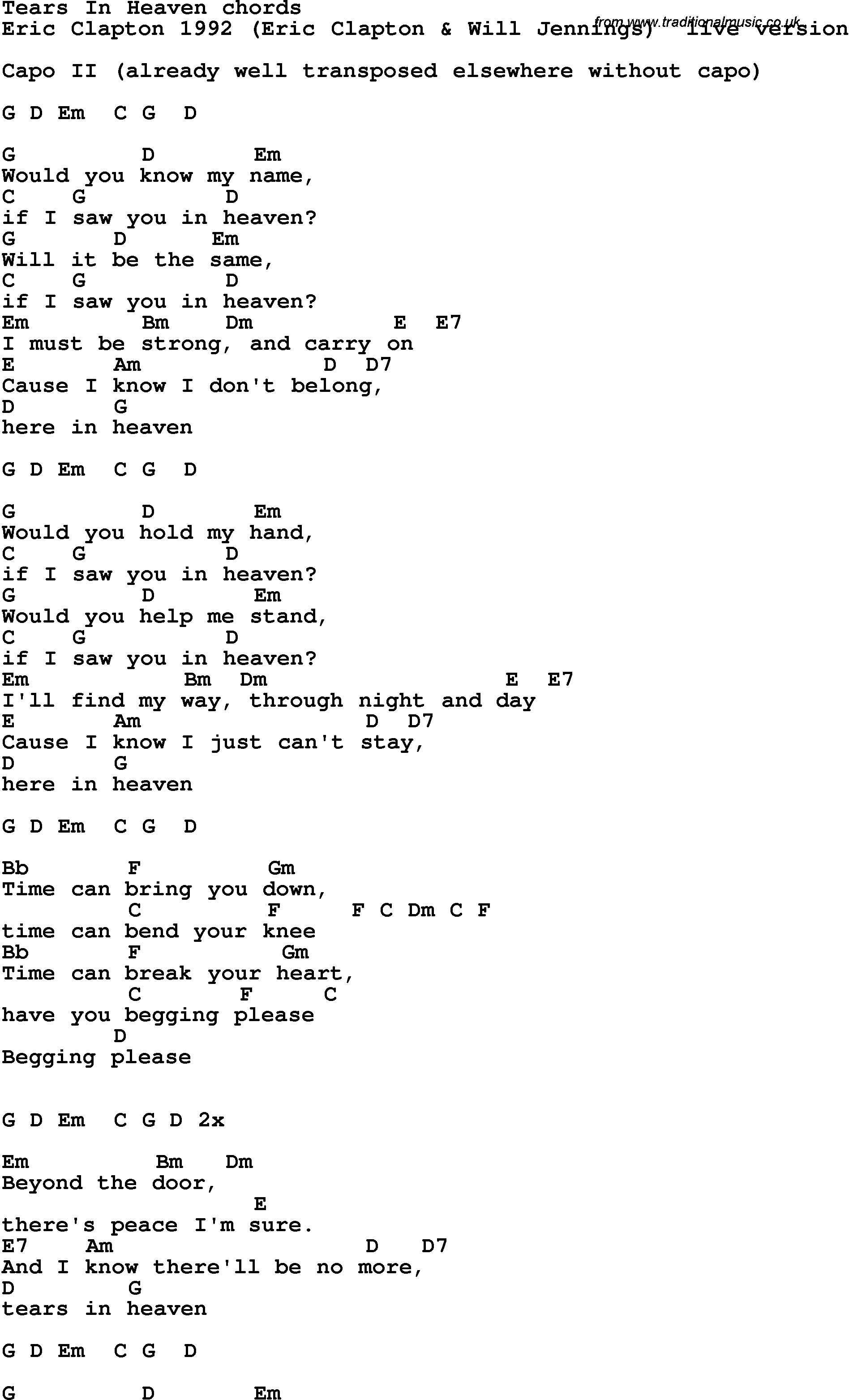 Song Lyrics with guitar chords for Tears In Heaven - Eric Clapton