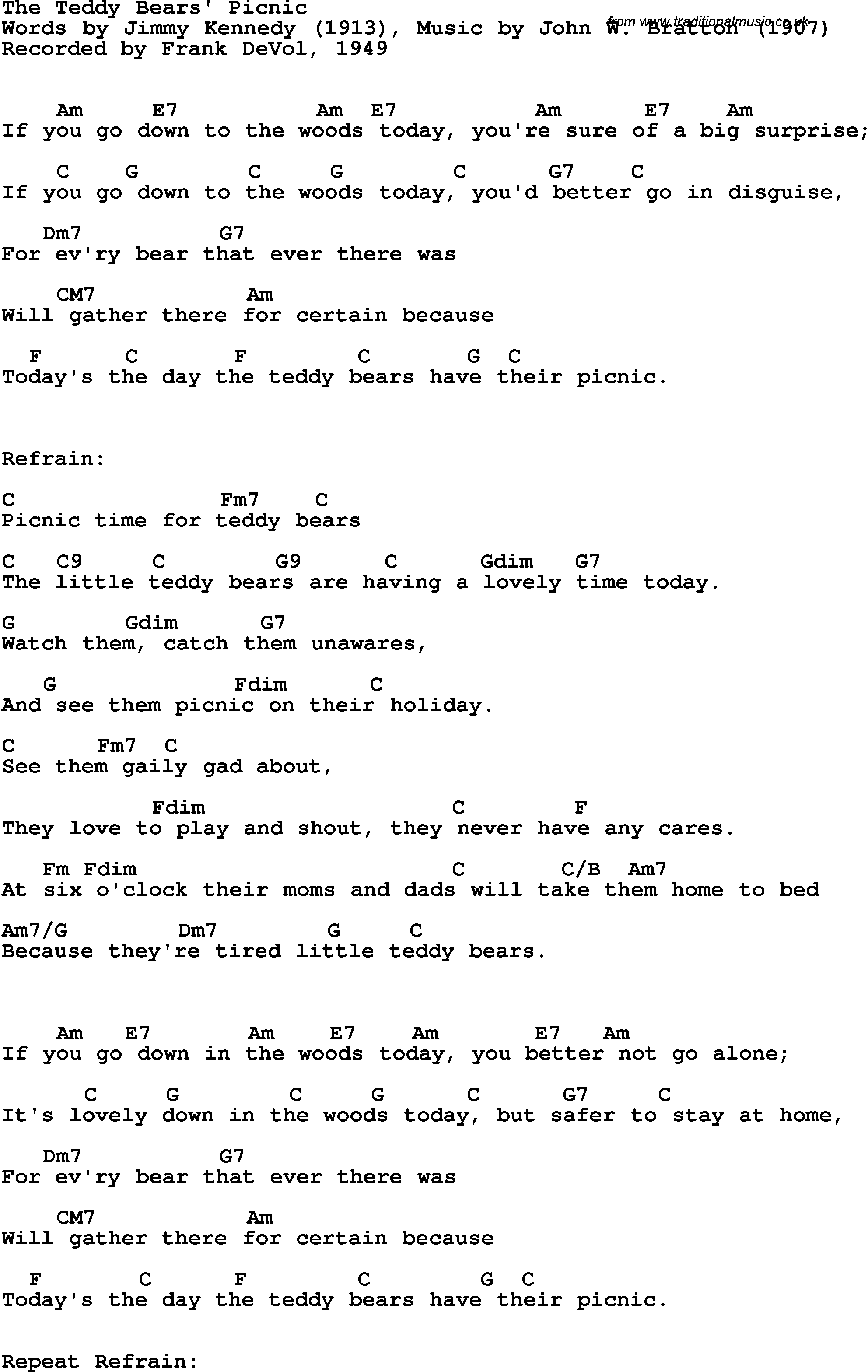 Song Lyrics with guitar chords for Teddy Bears' Picnic, The - Frank Devol, 1949