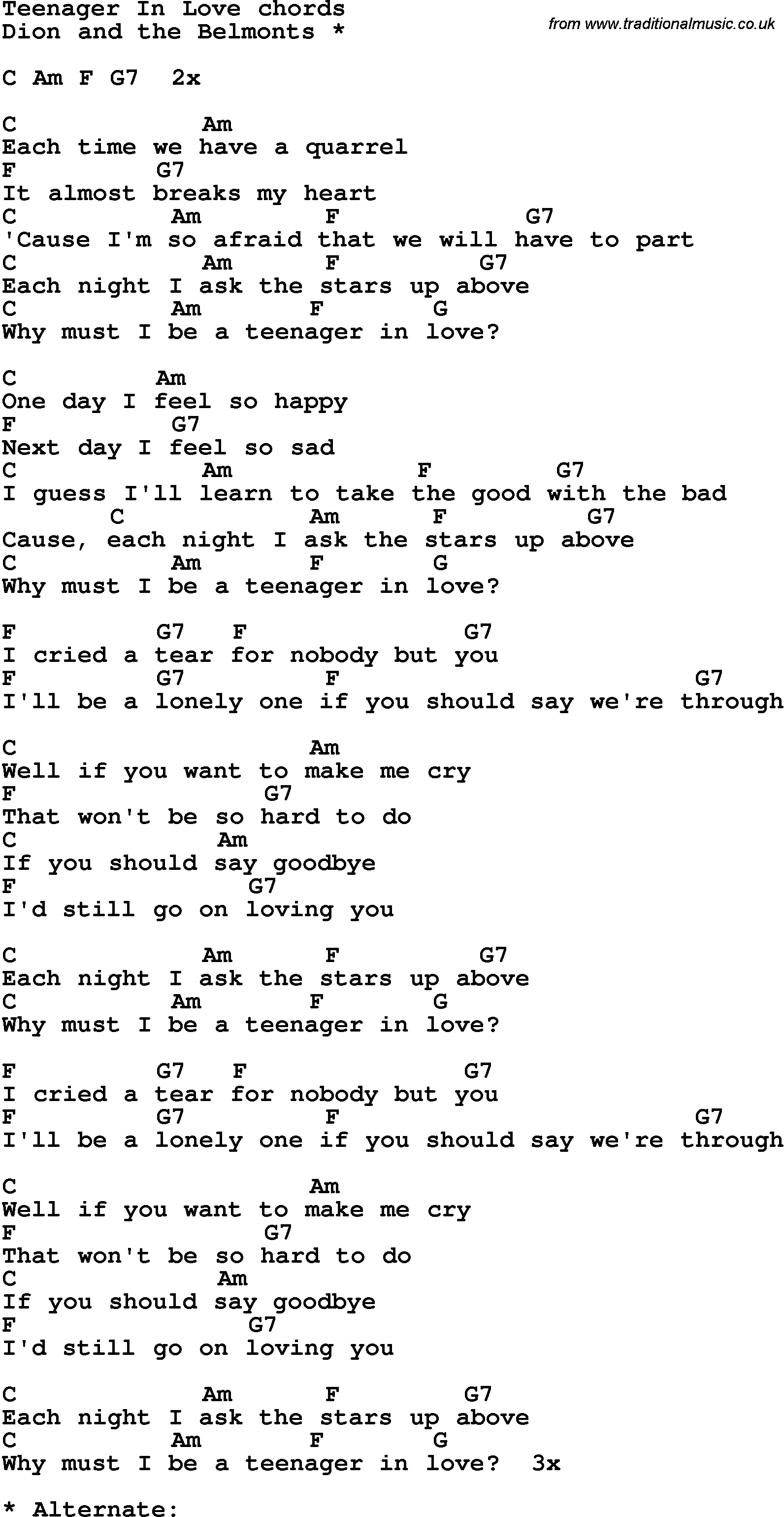Song Lyrics with guitar chords for Teenager In Love - Dion and the Belmonts
