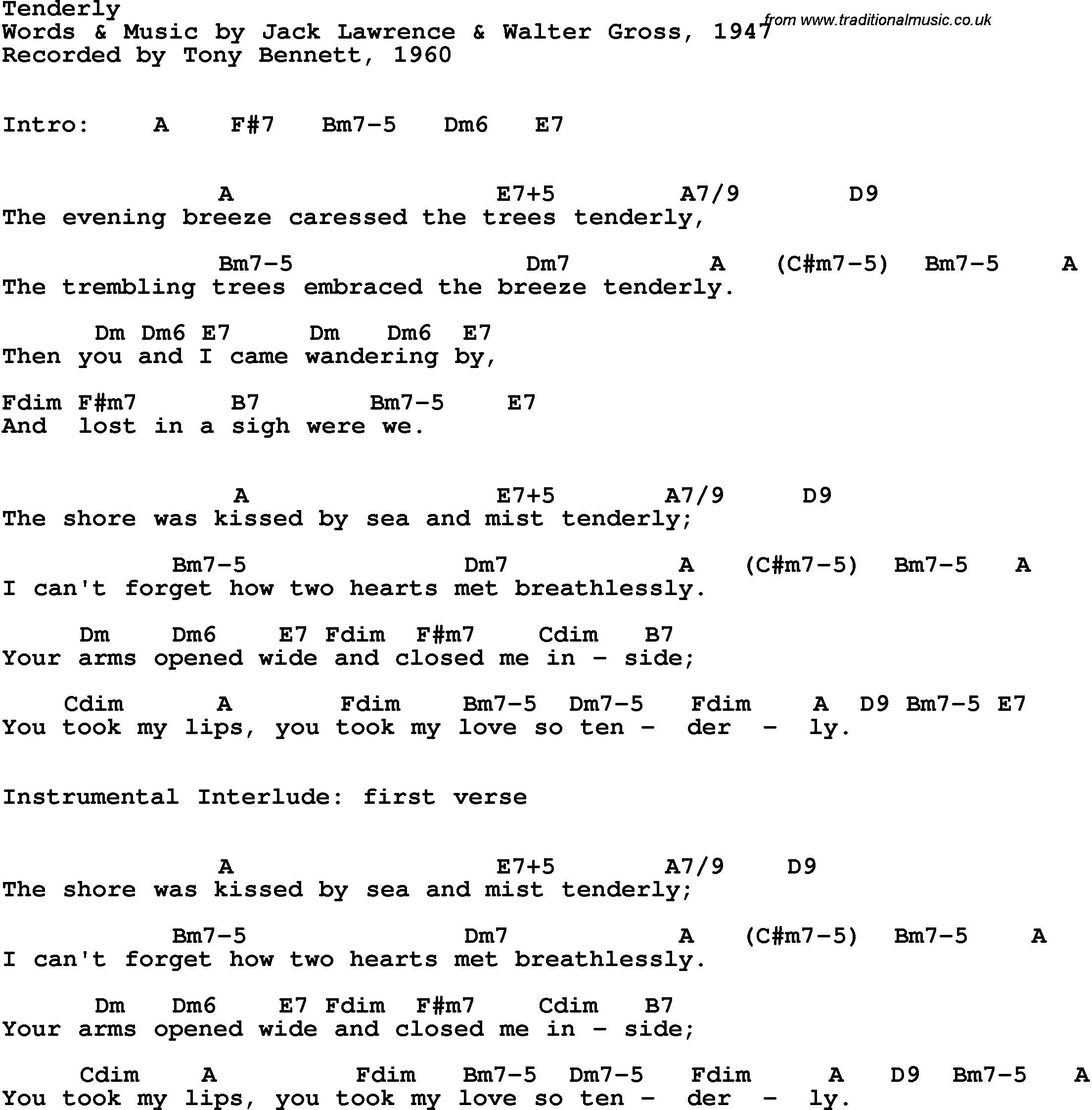 Song Lyrics with guitar chords for Tenderly - Tony Bennett, 1960