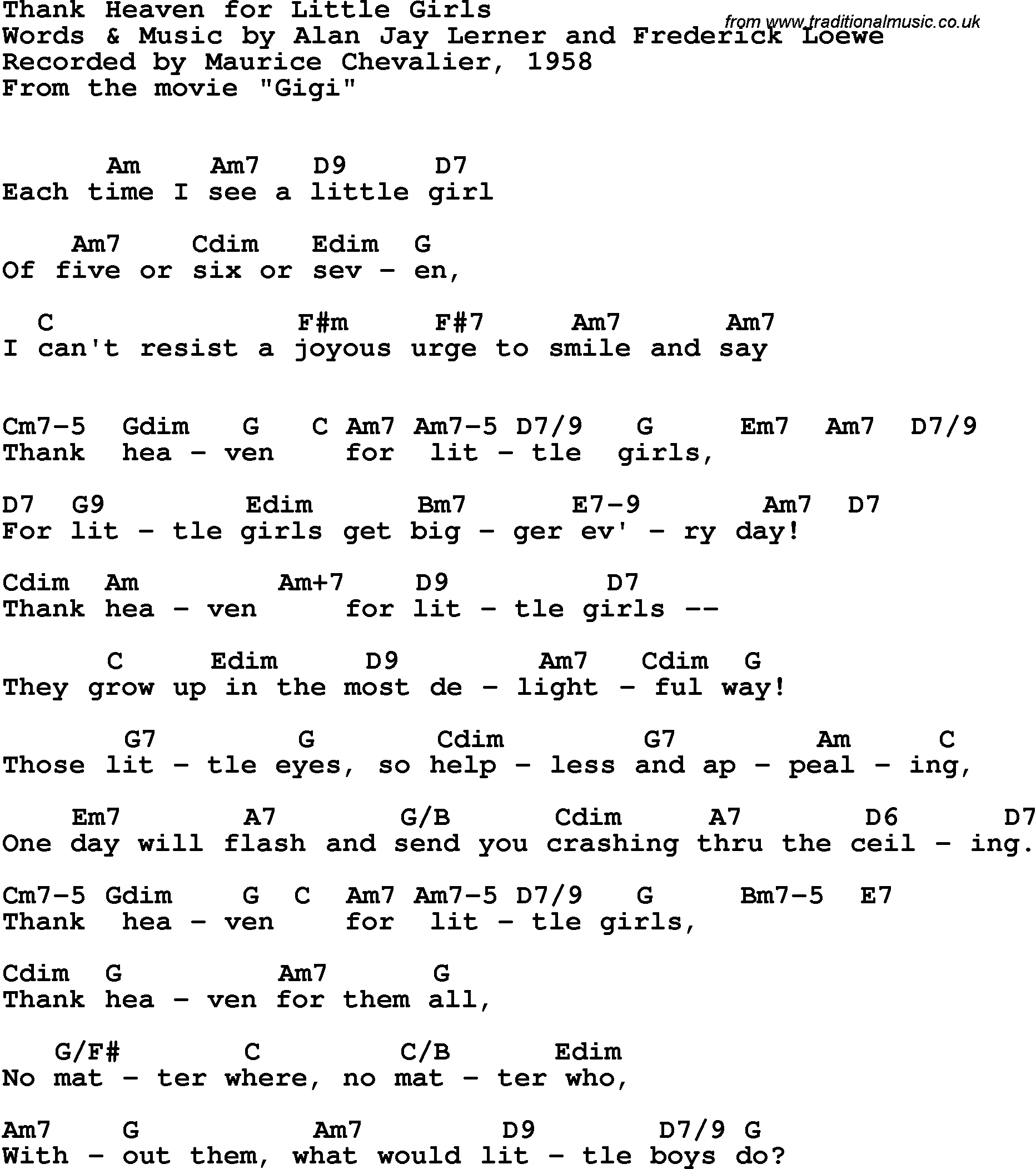 Song Lyrics with guitar chords for Thank Heaven For Little Girls - Maurice Chevalier, 1958