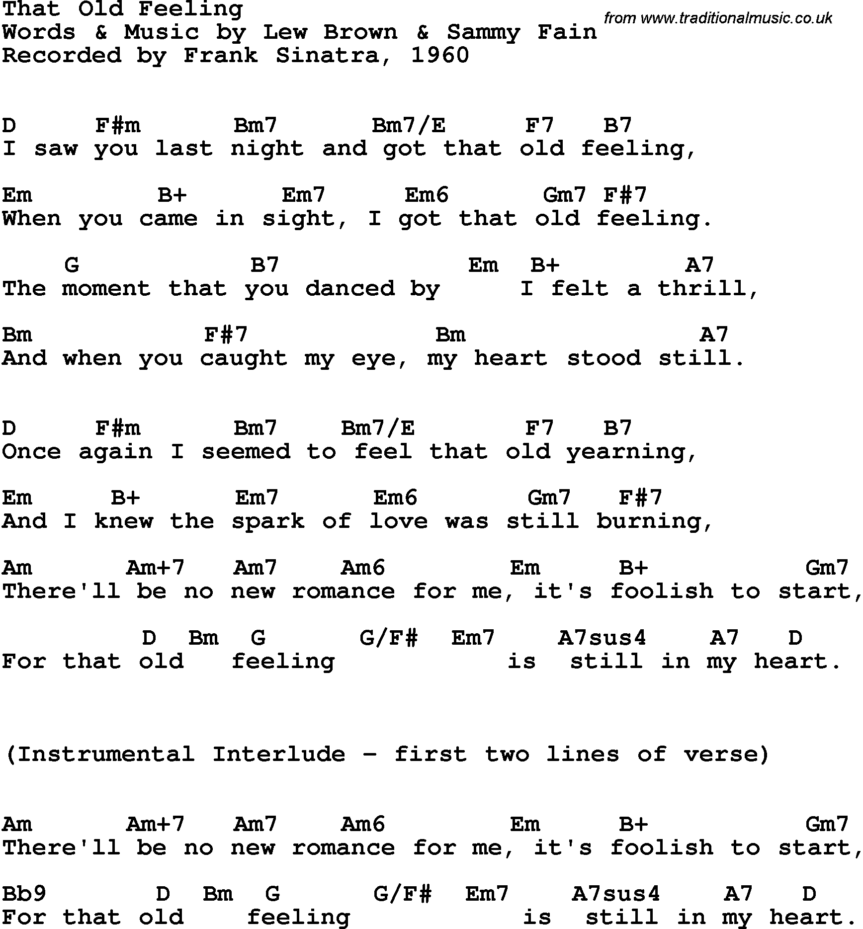 Song Lyrics with guitar chords for That Old Feeling - Frank Sinatra, 1960