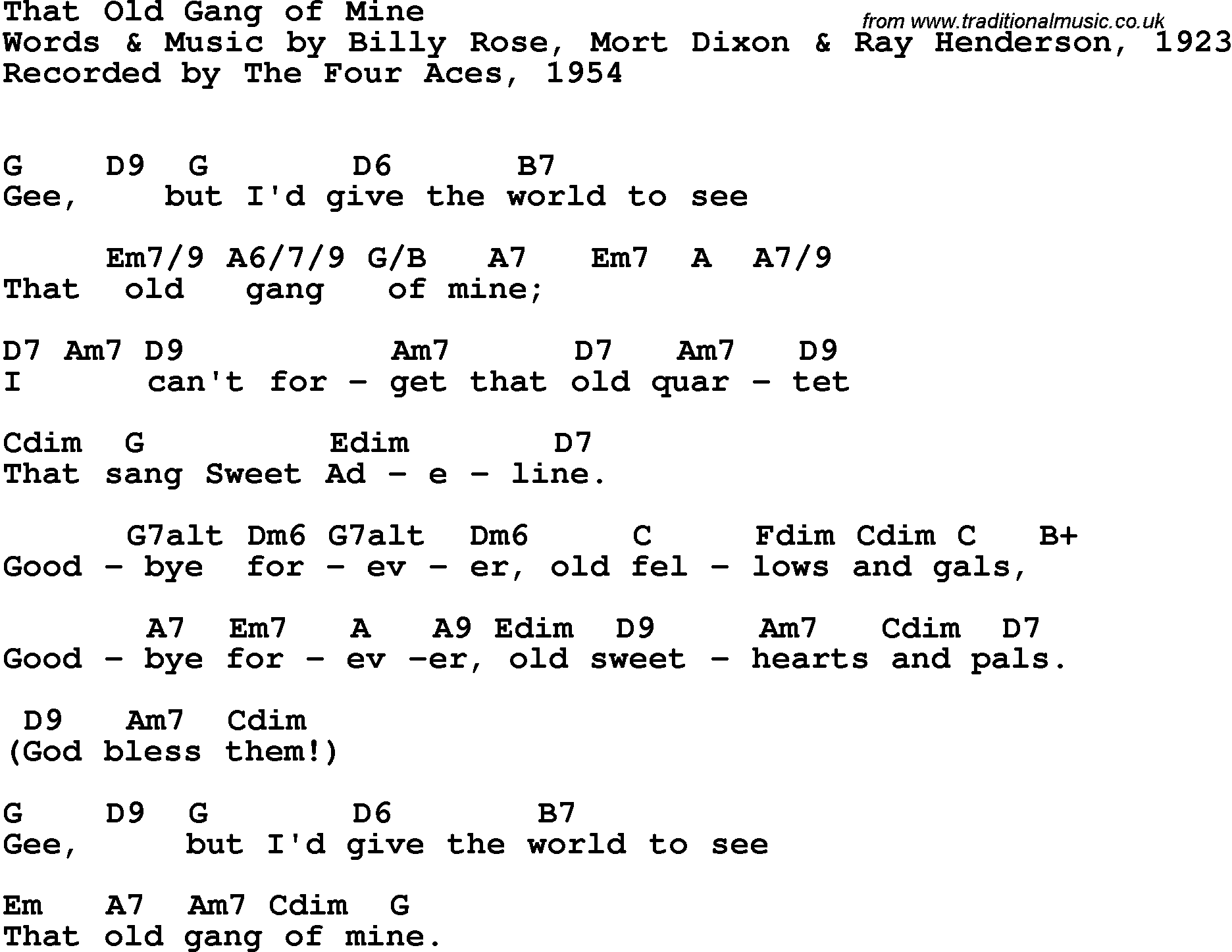Song Lyrics with guitar chords for That Old Gang Of Mine - The Four Aces, 1954
