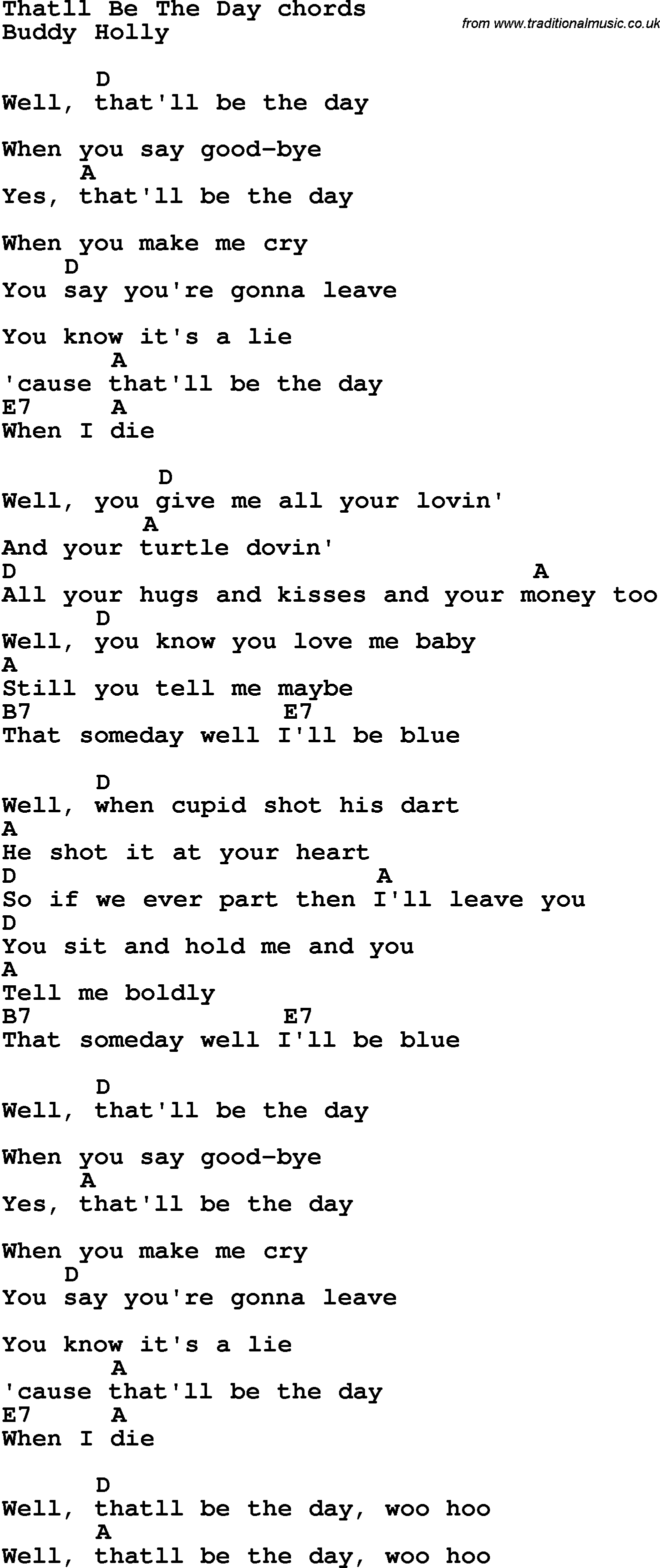 Song Lyrics with guitar chords for That'll Be The Day - Buddy Holly