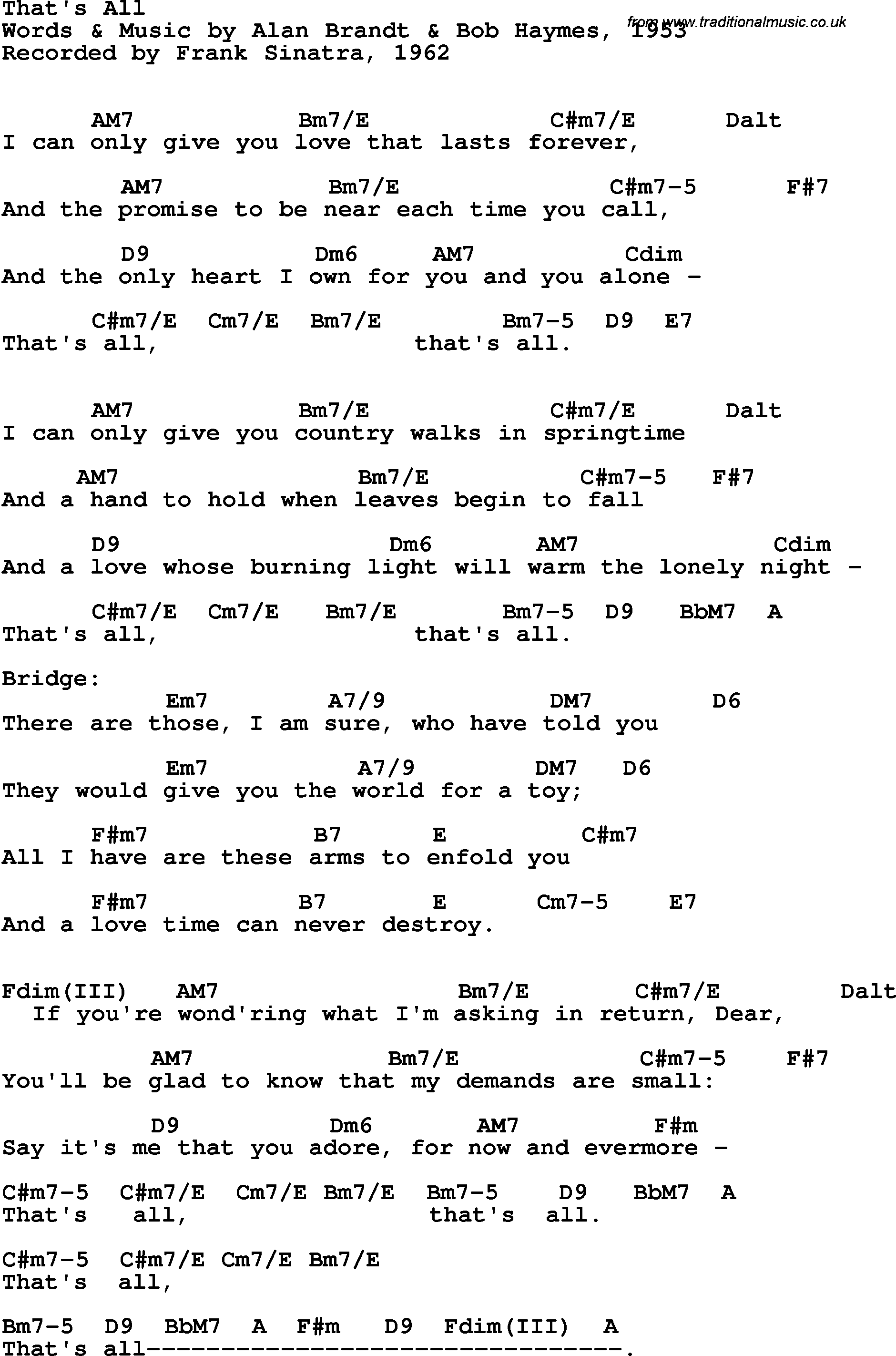 Song Lyrics with guitar chords for That's All - Sarah Vaughn, 1958
