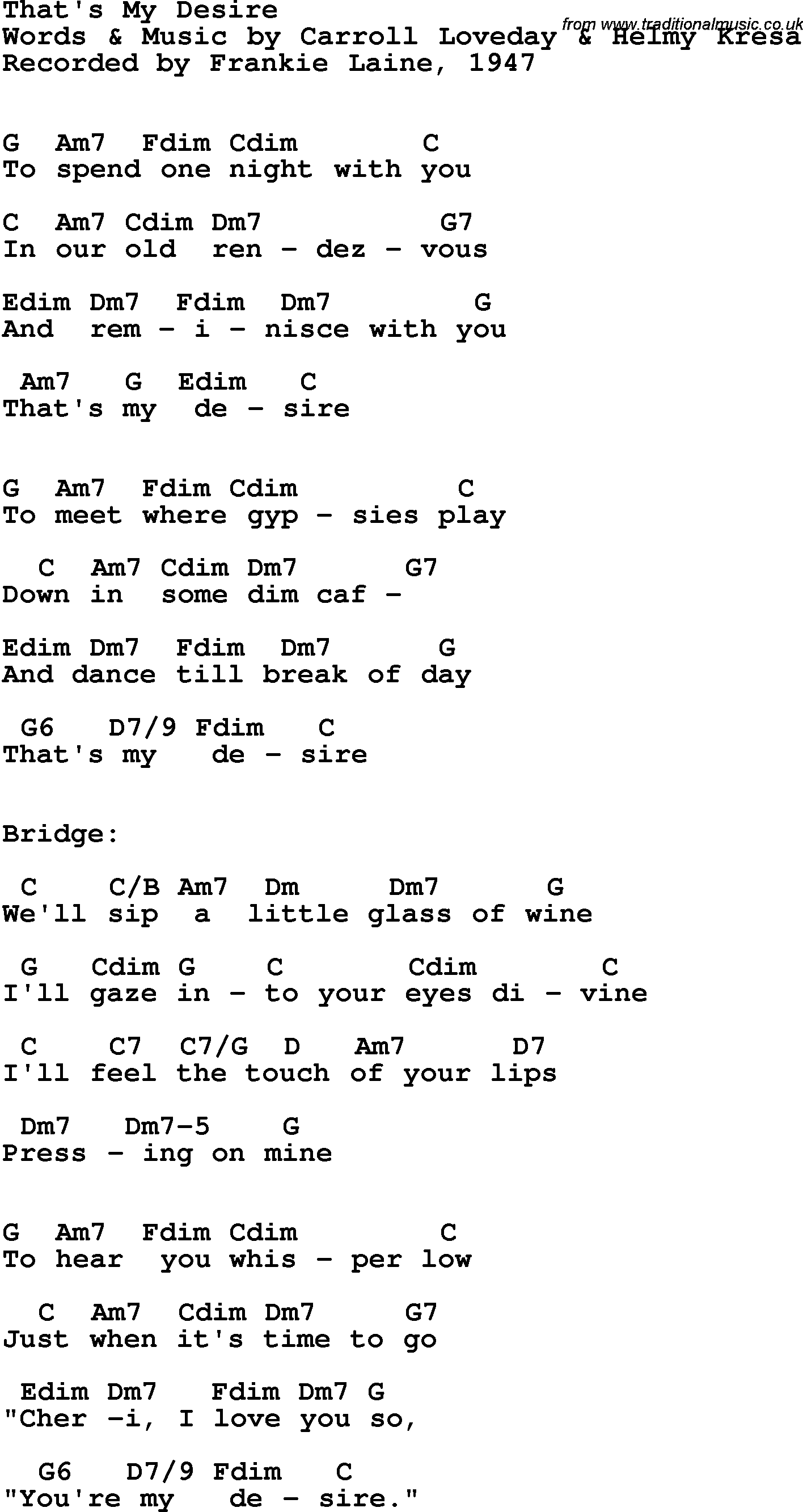 Song Lyrics with guitar chords for That's My Desire -  Frankie Laine, 1947