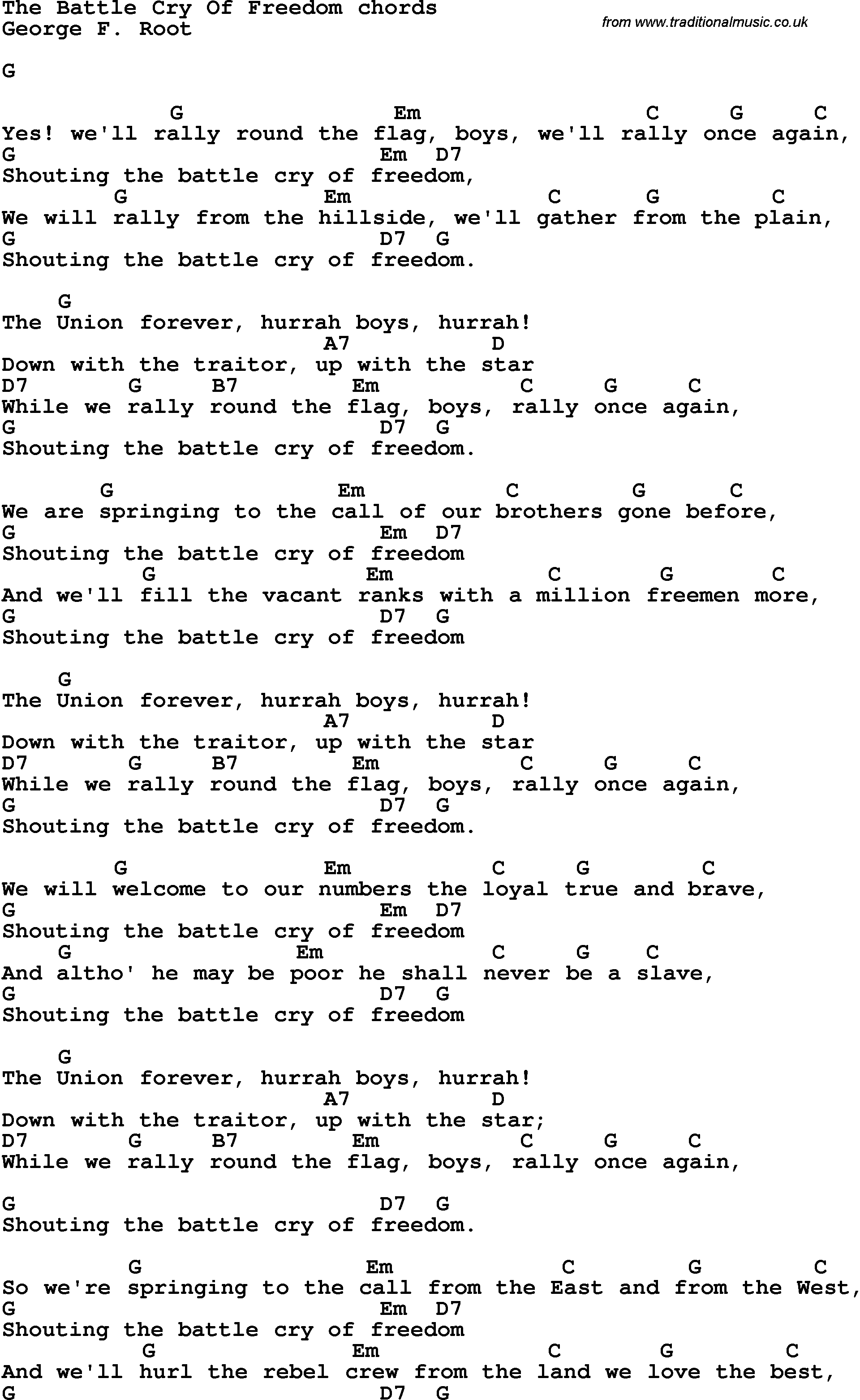 Song Lyrics with guitar chords for The Battle Cry Of Freedom