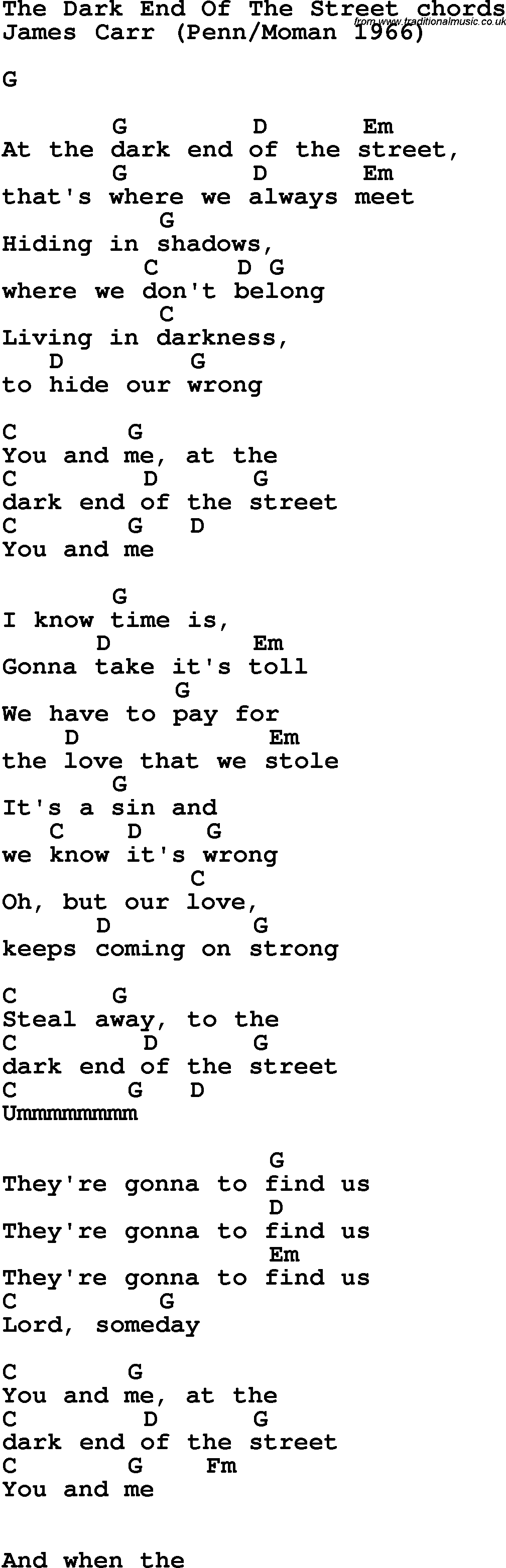 Song Lyrics with guitar chords for The Dark End Of The Street