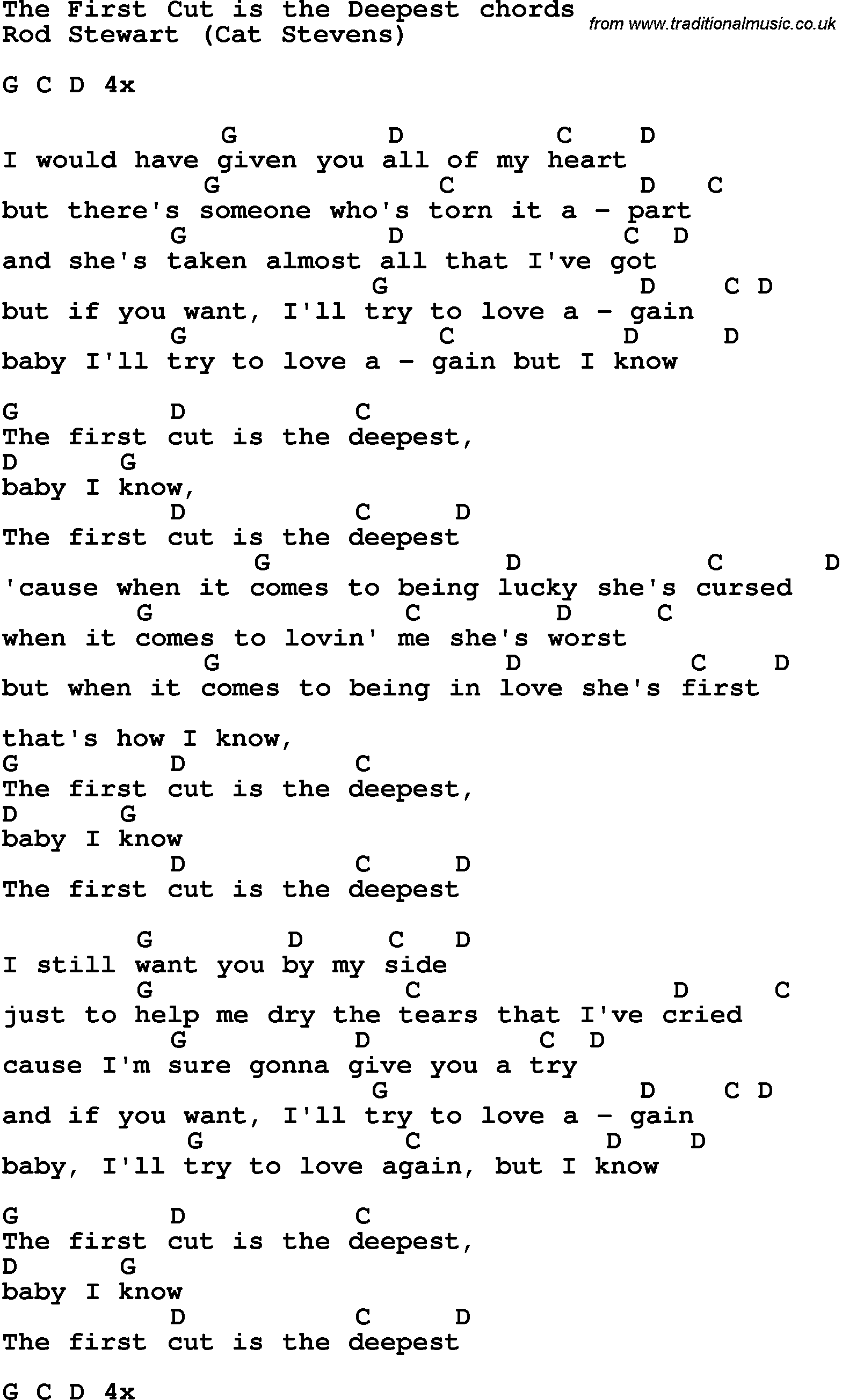 Song Lyrics with guitar chords for The First Cut Is The Deepest - Rod Stewart