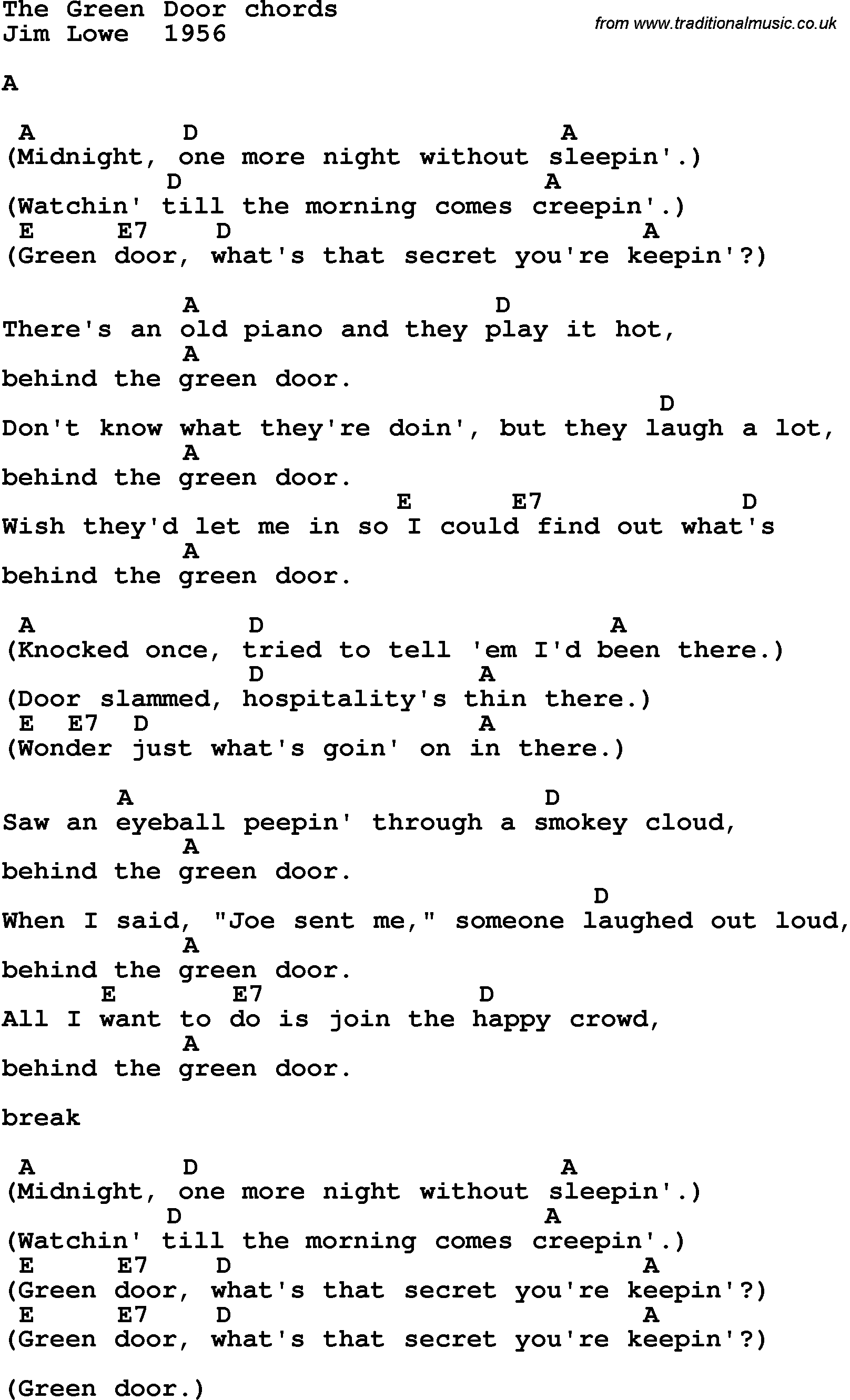 Song Lyrics with guitar chords for The Green Door - Jim Lowe 1956