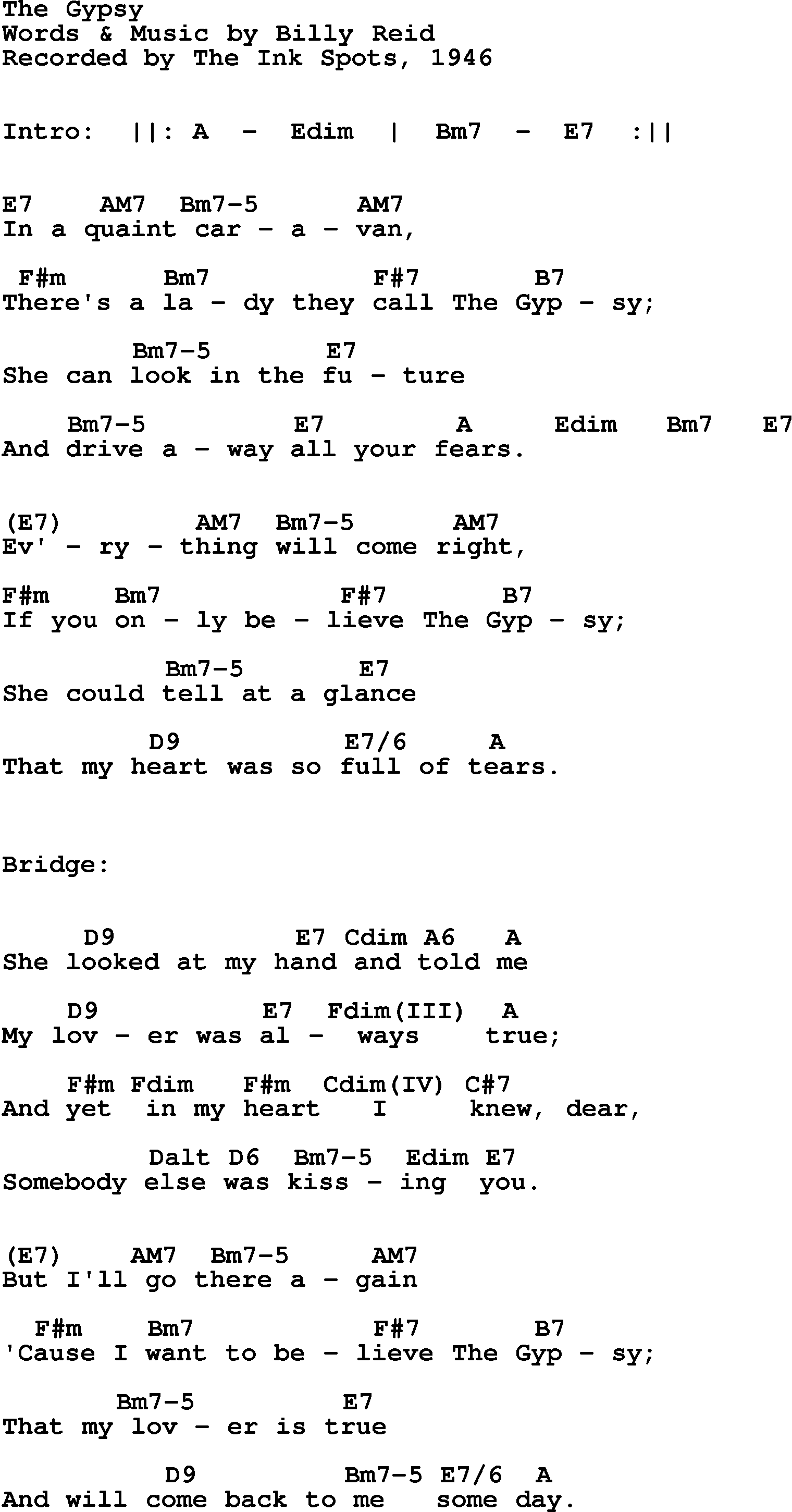 Song Lyrics with guitar chords for The Gypsy - Ink Spots, 1946