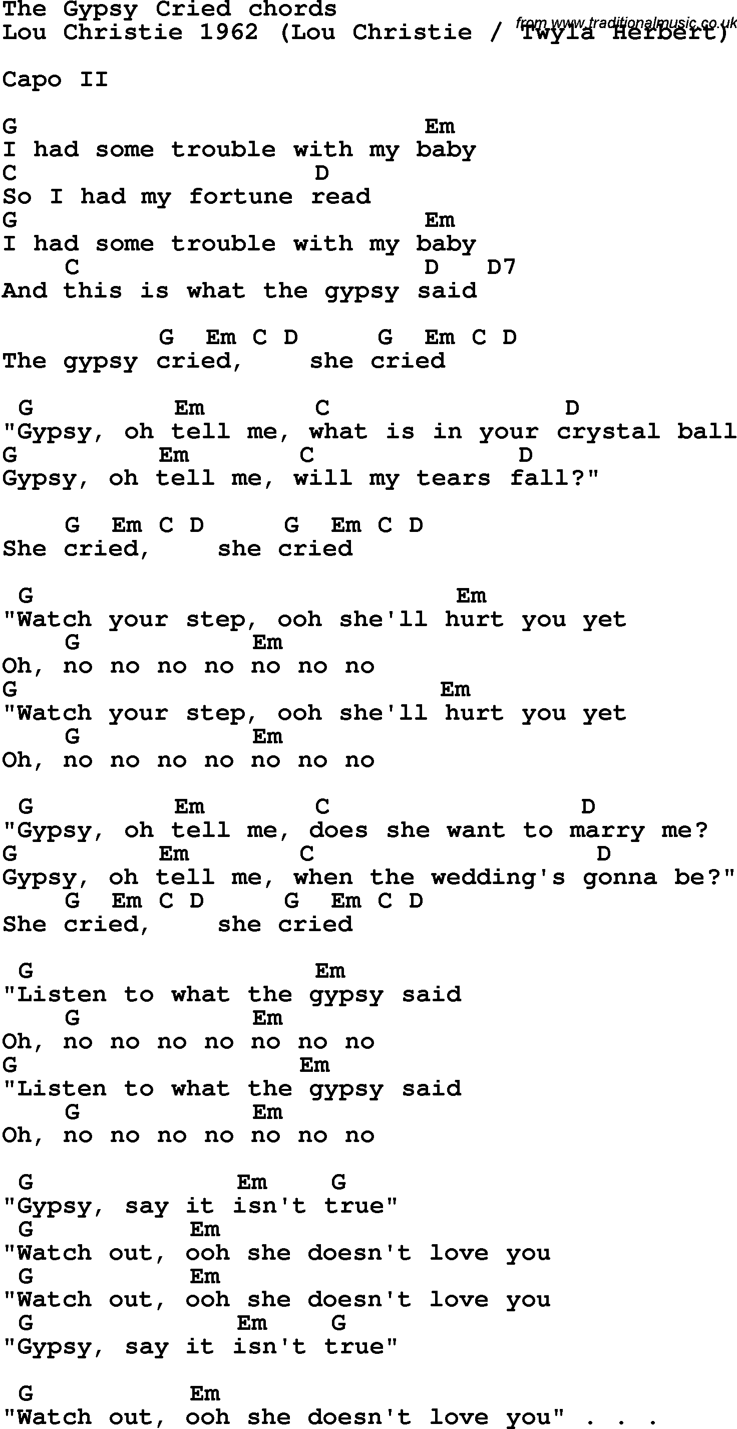 Song Lyrics with guitar chords for The Gypsy Cried - Lou Christie 1962