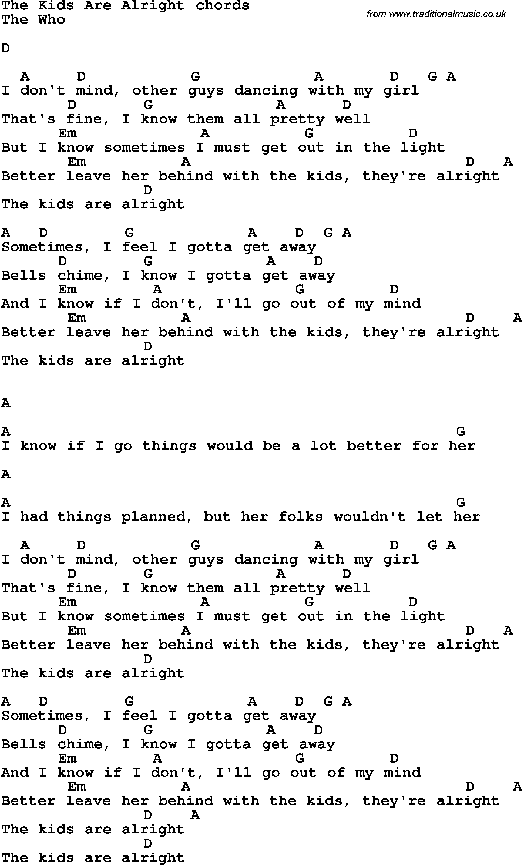 Song Lyrics with guitar chords for The Kids Are Alright