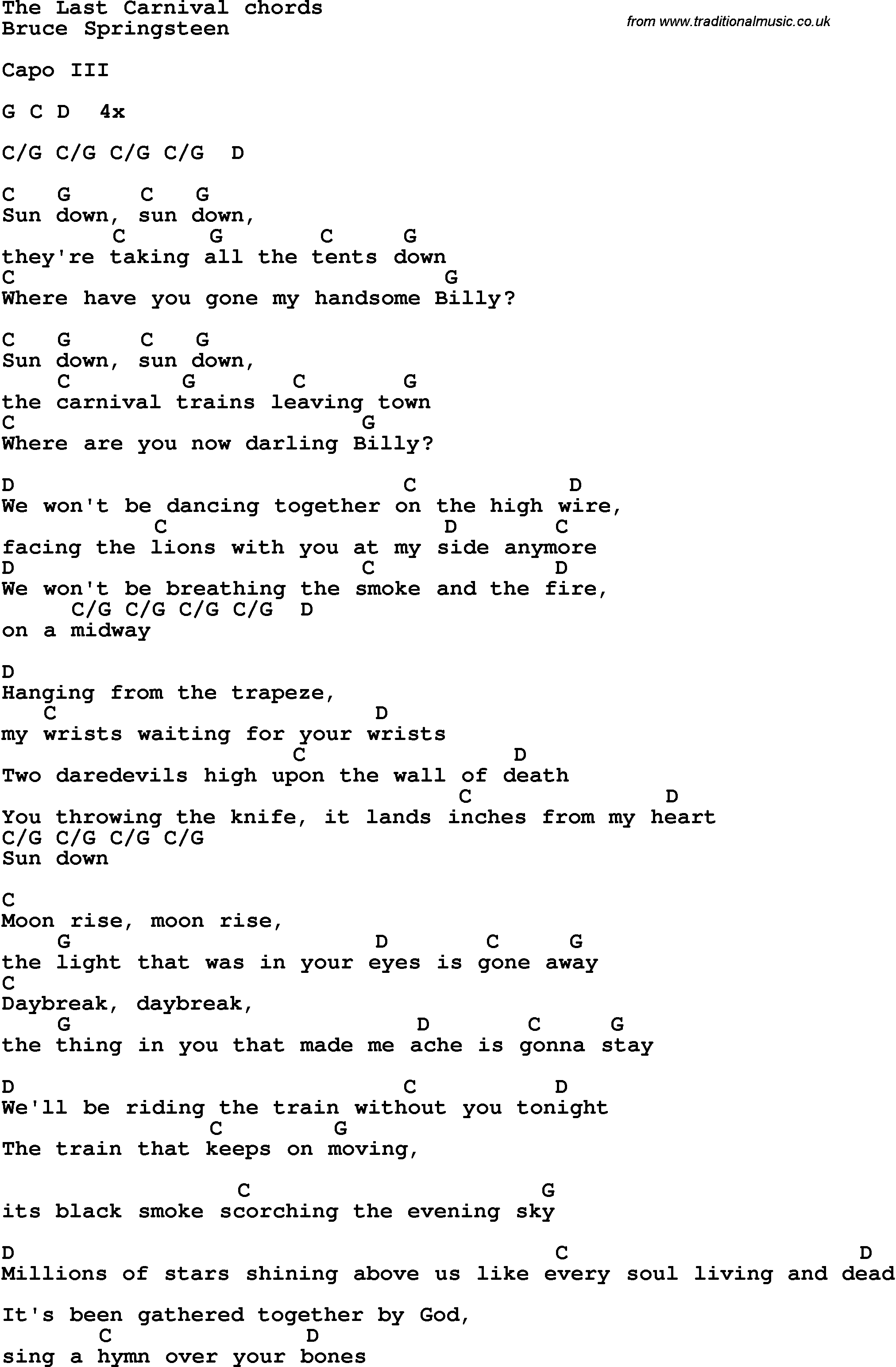 Song Lyrics with guitar chords for The Last Carnival - Bruce Springsteen