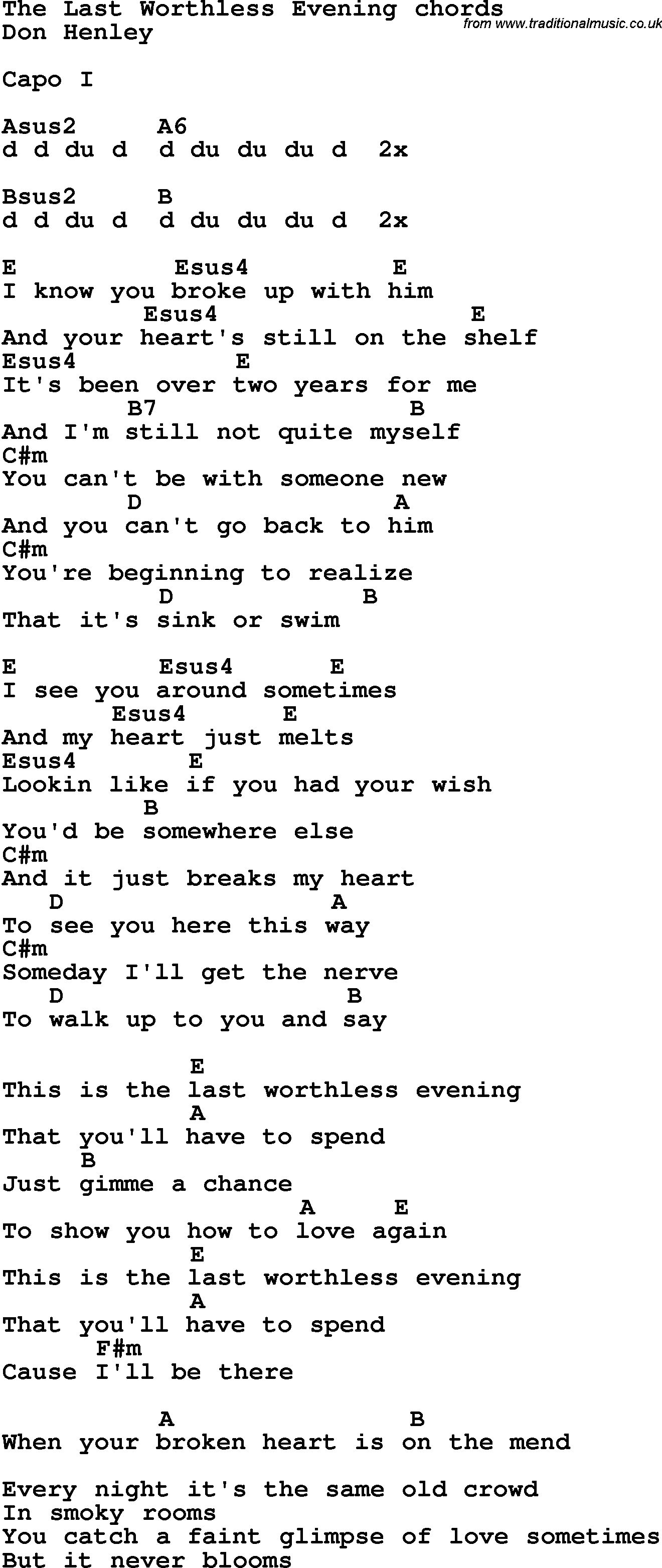 Song Lyrics with guitar chords for The Last Worthless Evening