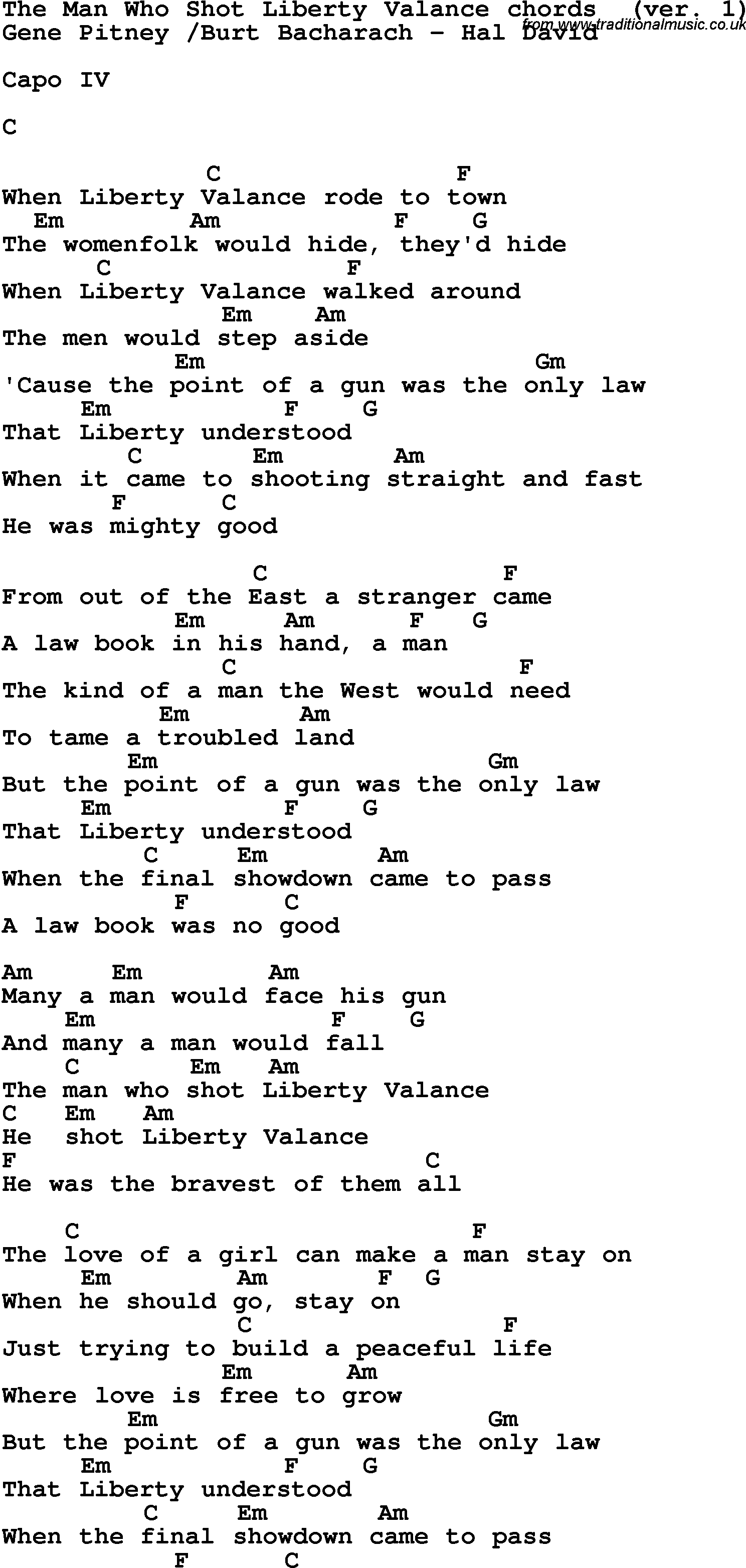 Song Lyrics with guitar chords for The Man Who Shot Liberty Valance