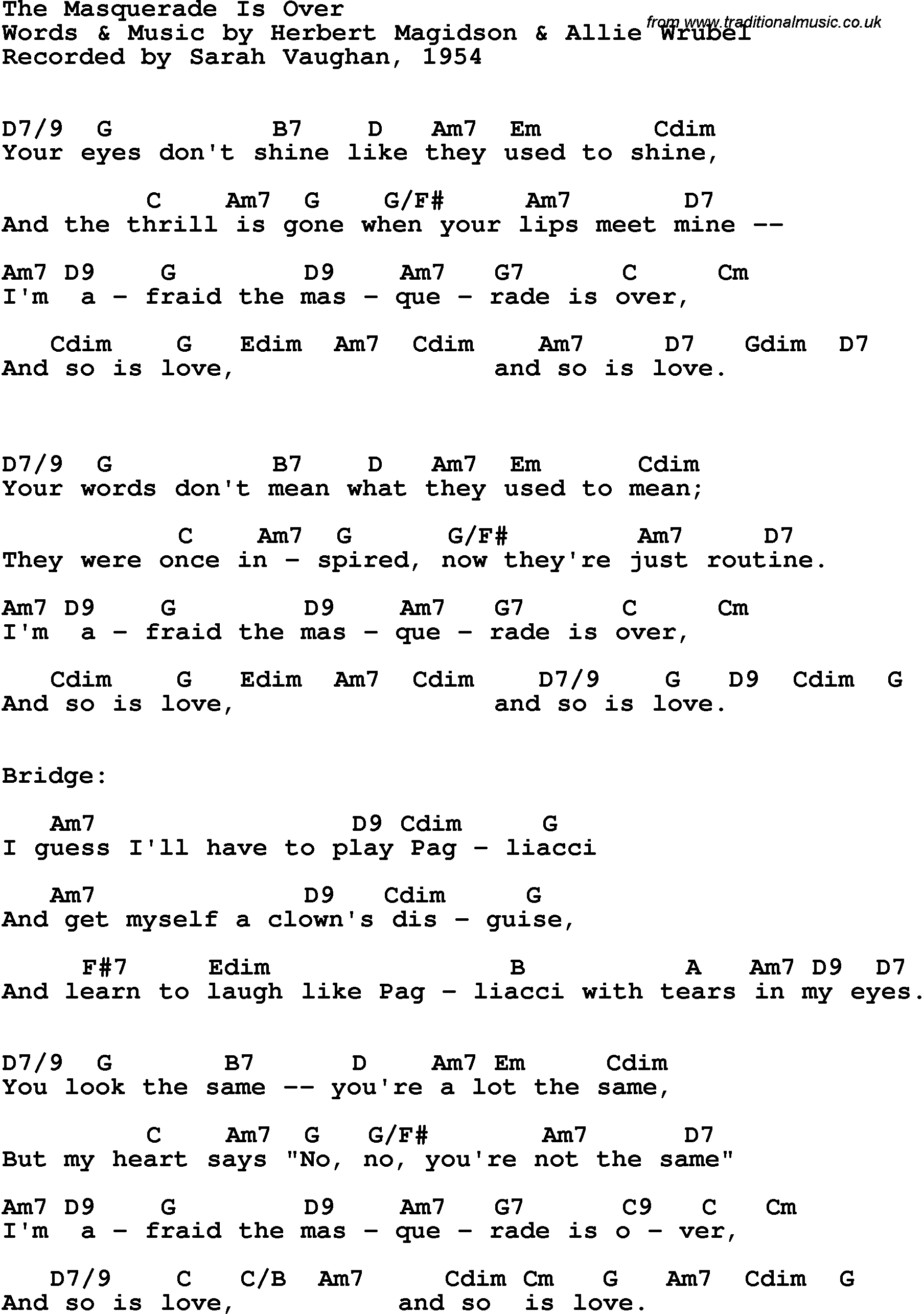 Song Lyrics with guitar chords for The Masquerade Is Over - Sarah Vaughan, 1954