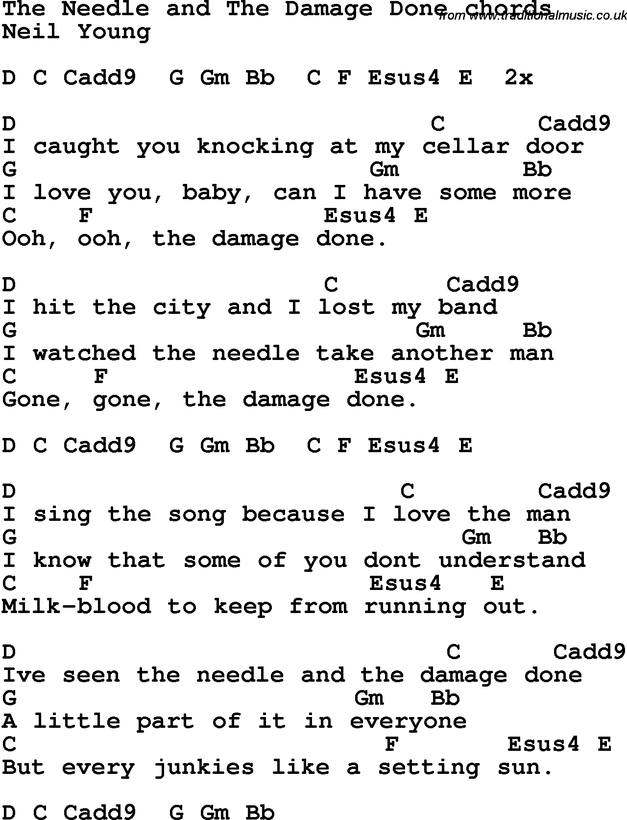 Song Lyrics with guitar chords for The Needle And The Damage Done