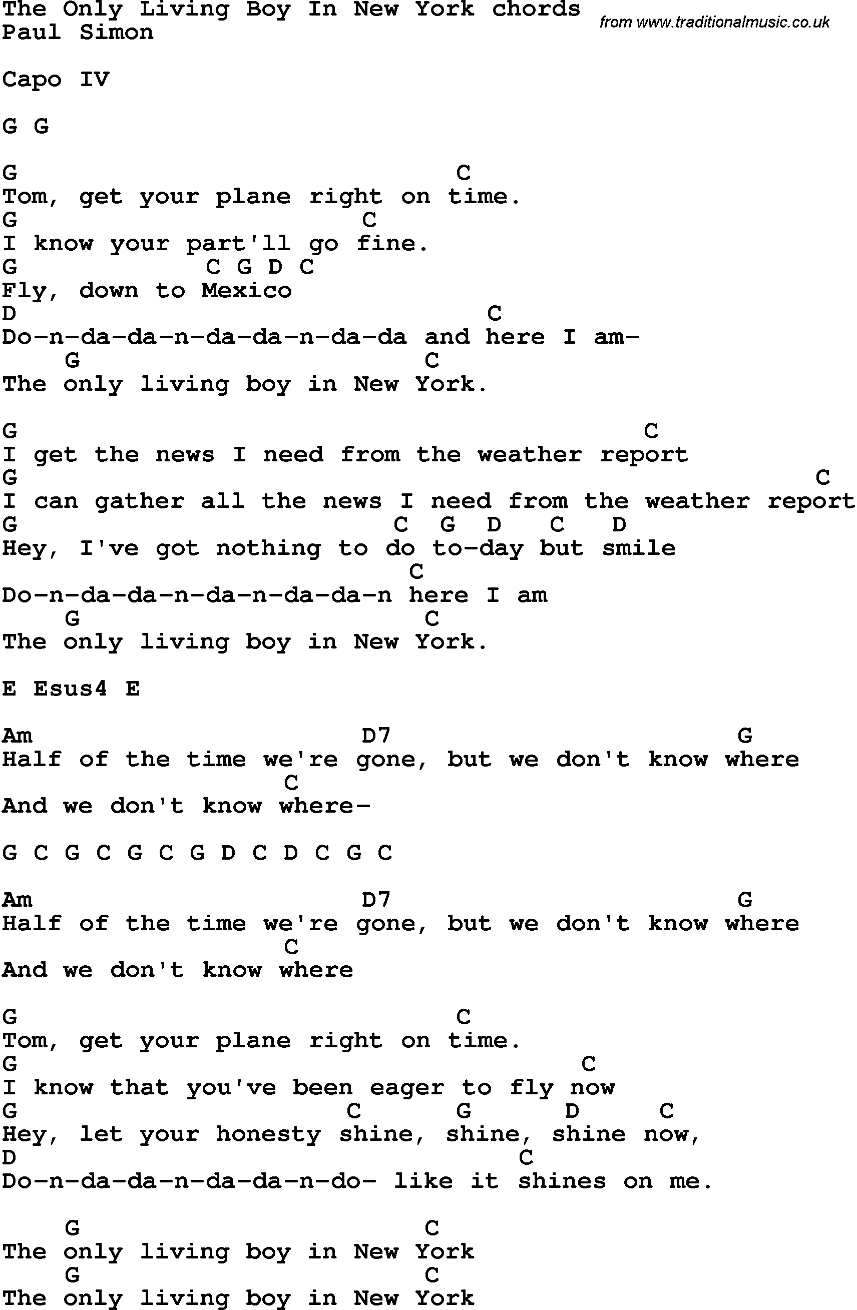 Song Lyrics with guitar chords for The Only Living Boy In New York