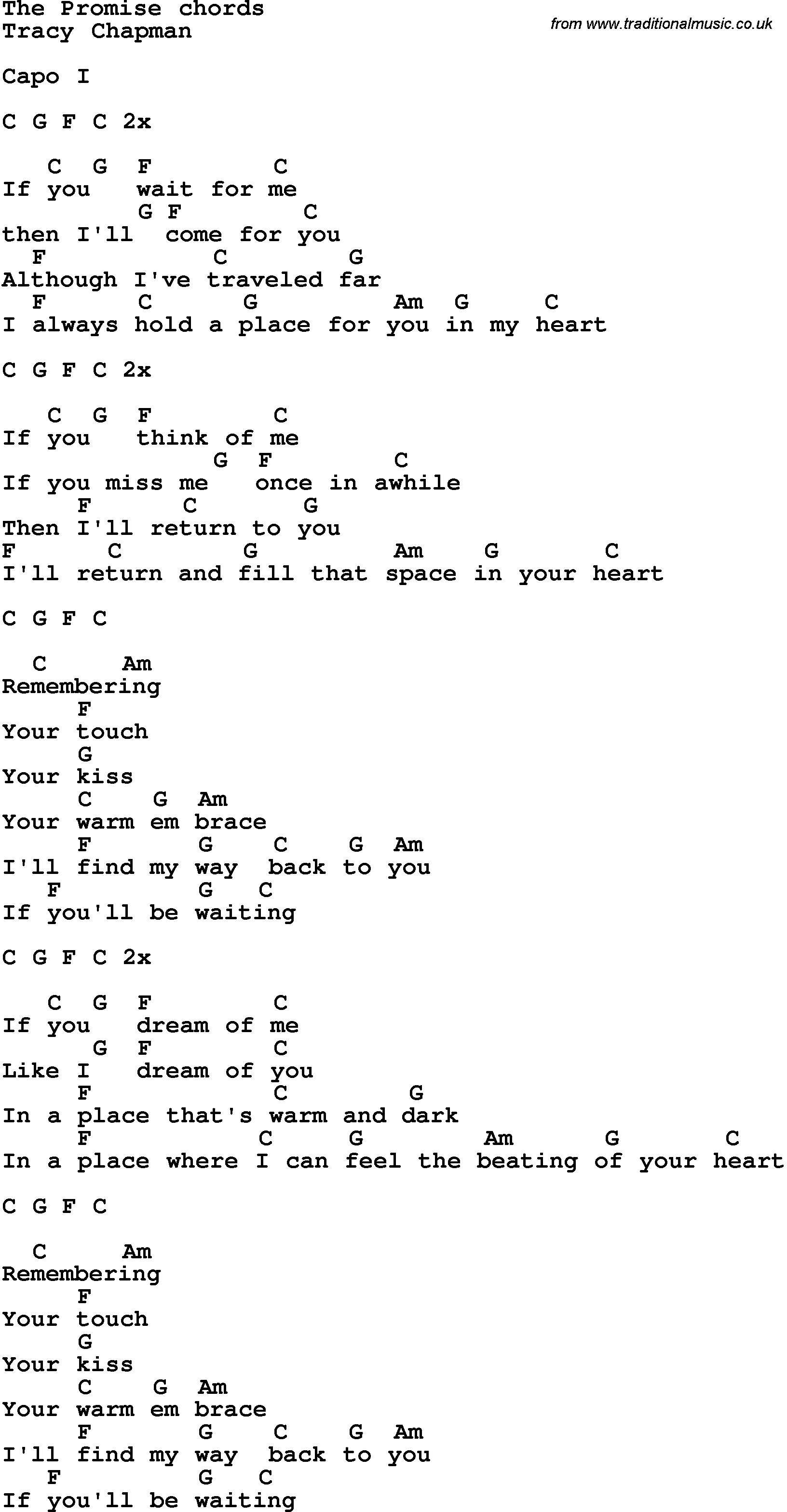 Song Lyrics with guitar chords for The Promise - Tracy Chapman