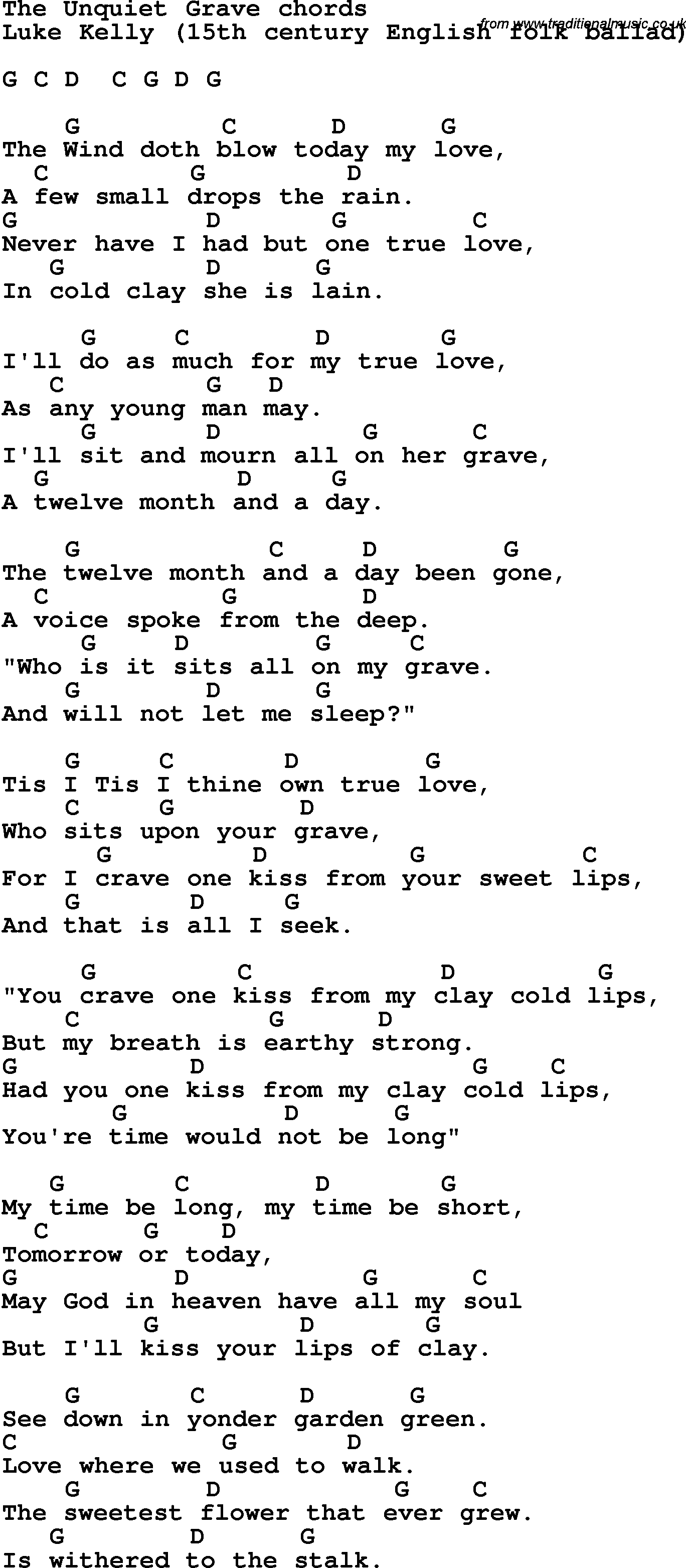 Song Lyrics with guitar chords for The Unquiet Grave - Luke Kelly-trad