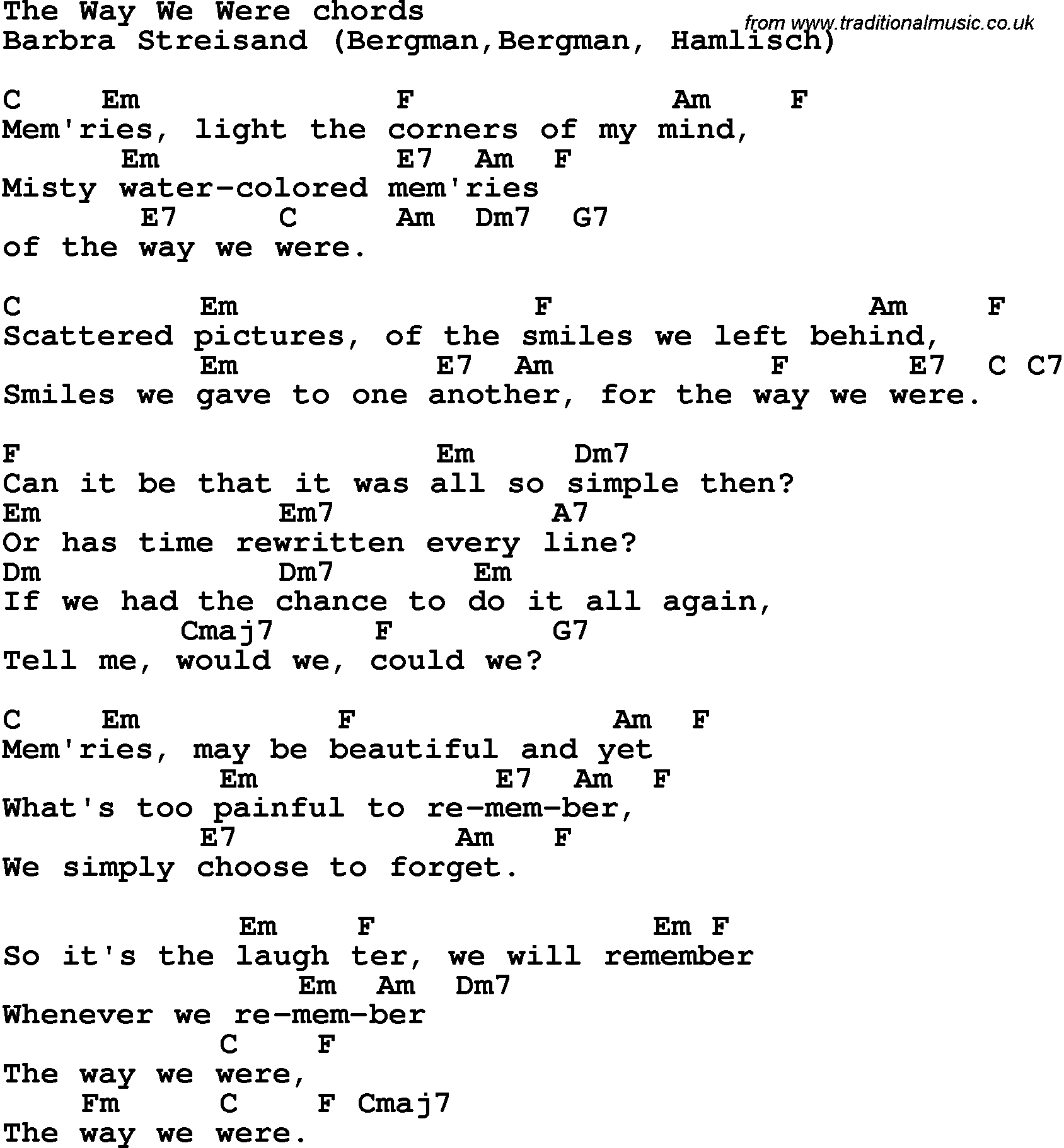 Song Lyrics with guitar chords for The Way We Were - Barbra Streisand
