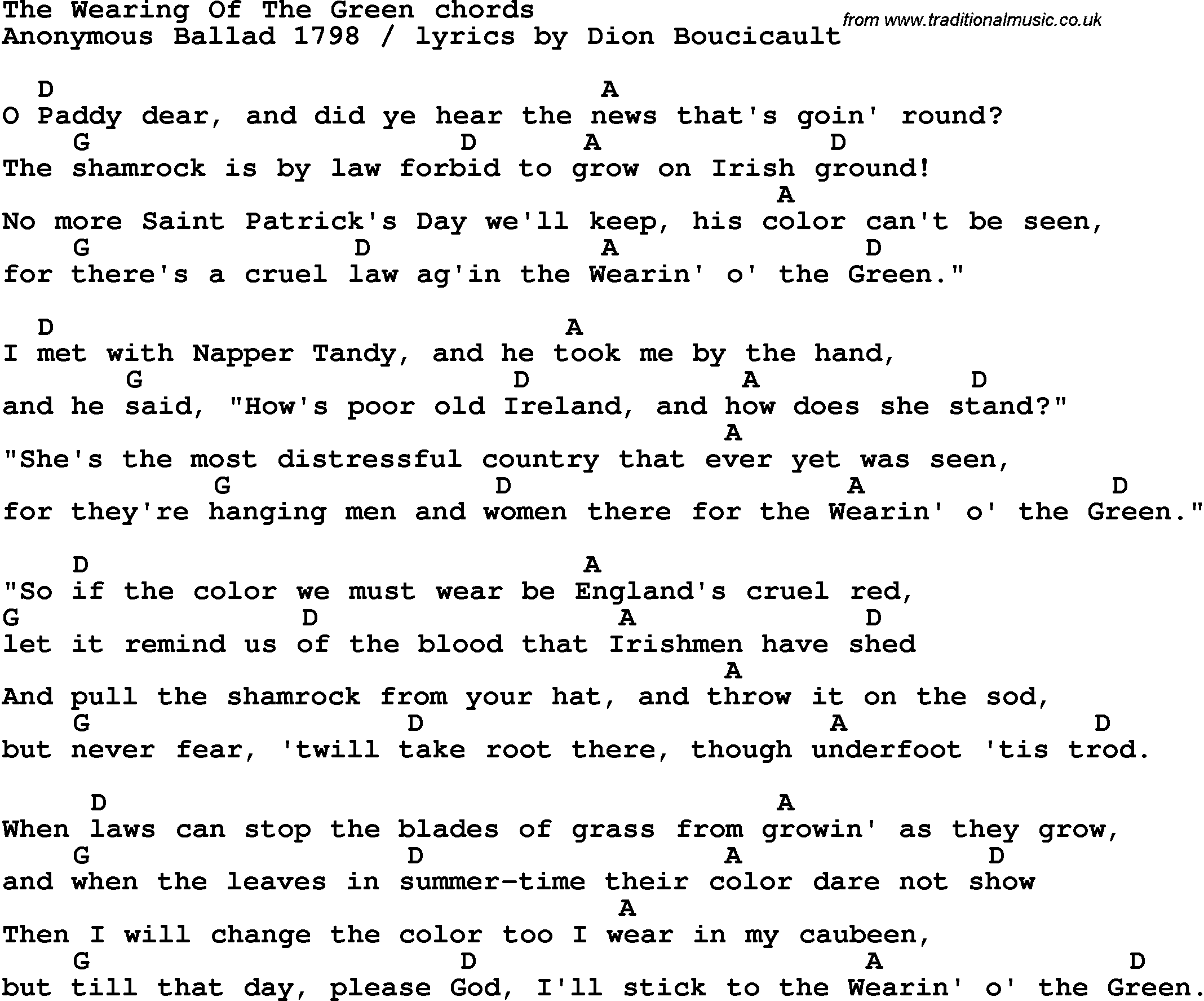 Song Lyrics with guitar chords for The Wearing Of The Green