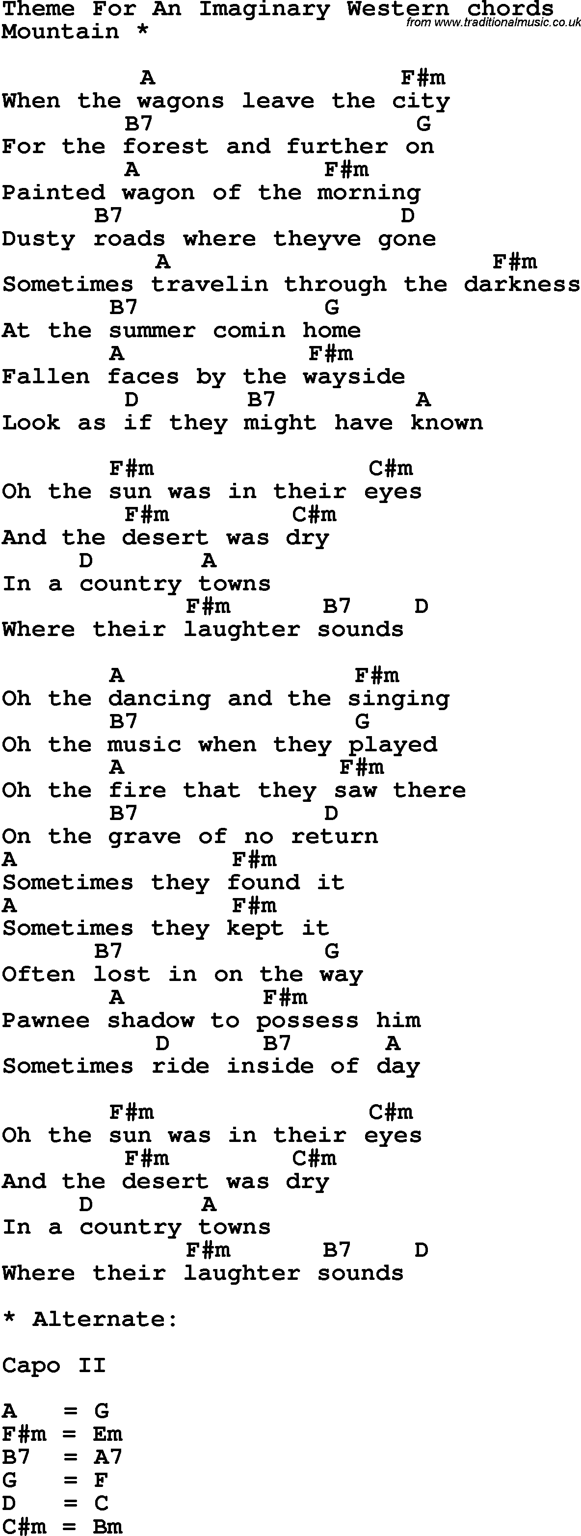Song Lyrics with guitar chords for Theme For An Imaginary Western