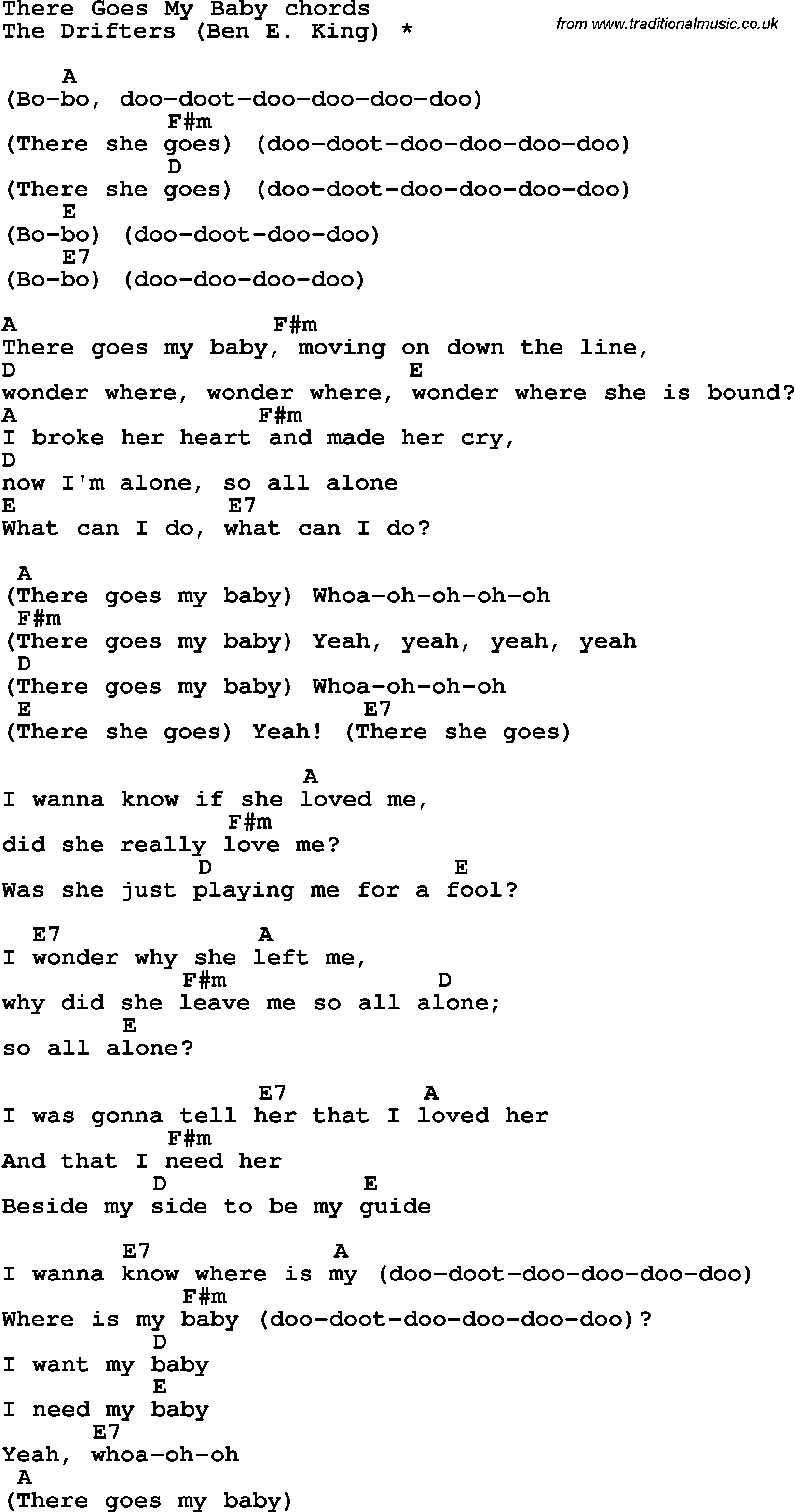 Song Lyrics with guitar chords for There Goes My Baby - The Drifters