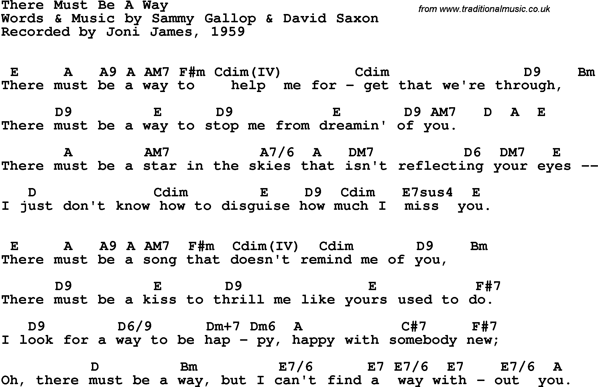 Song Lyrics with guitar chords for There Must Be A Way - Joni James, 1959