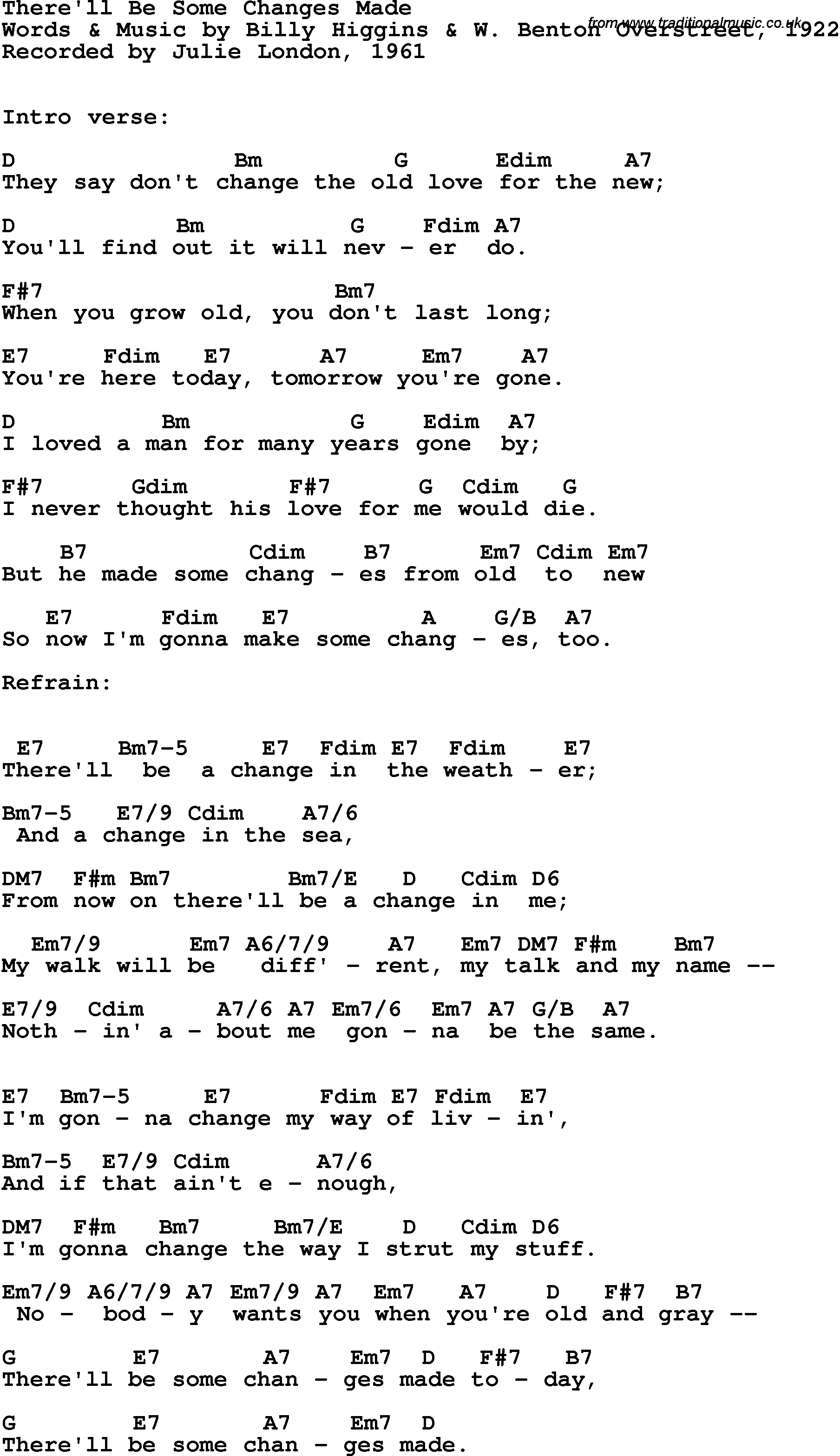 Song Lyrics with guitar chords for There'll Be Some Changes Made - Julie London, 1961