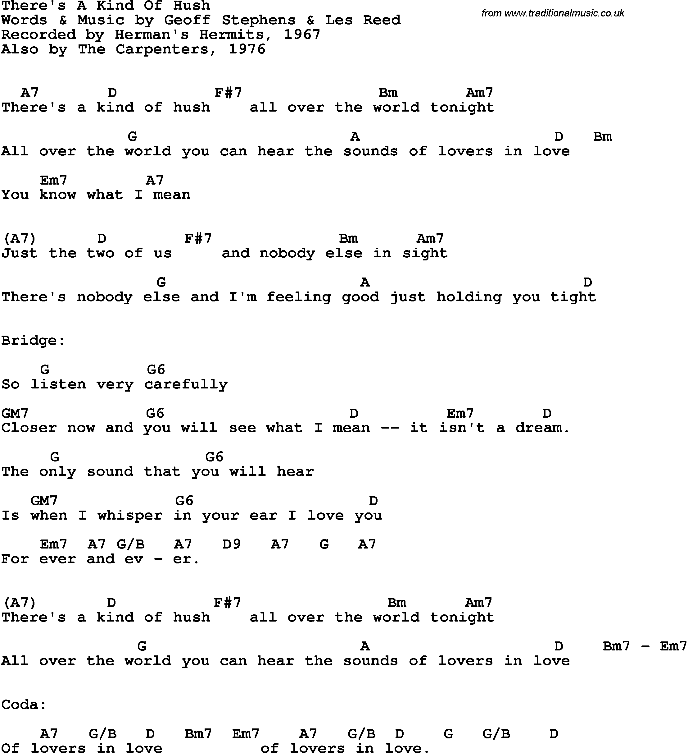 Song Lyrics with guitar chords for There's A Kind Of Hush - Carpenters, The, 1976