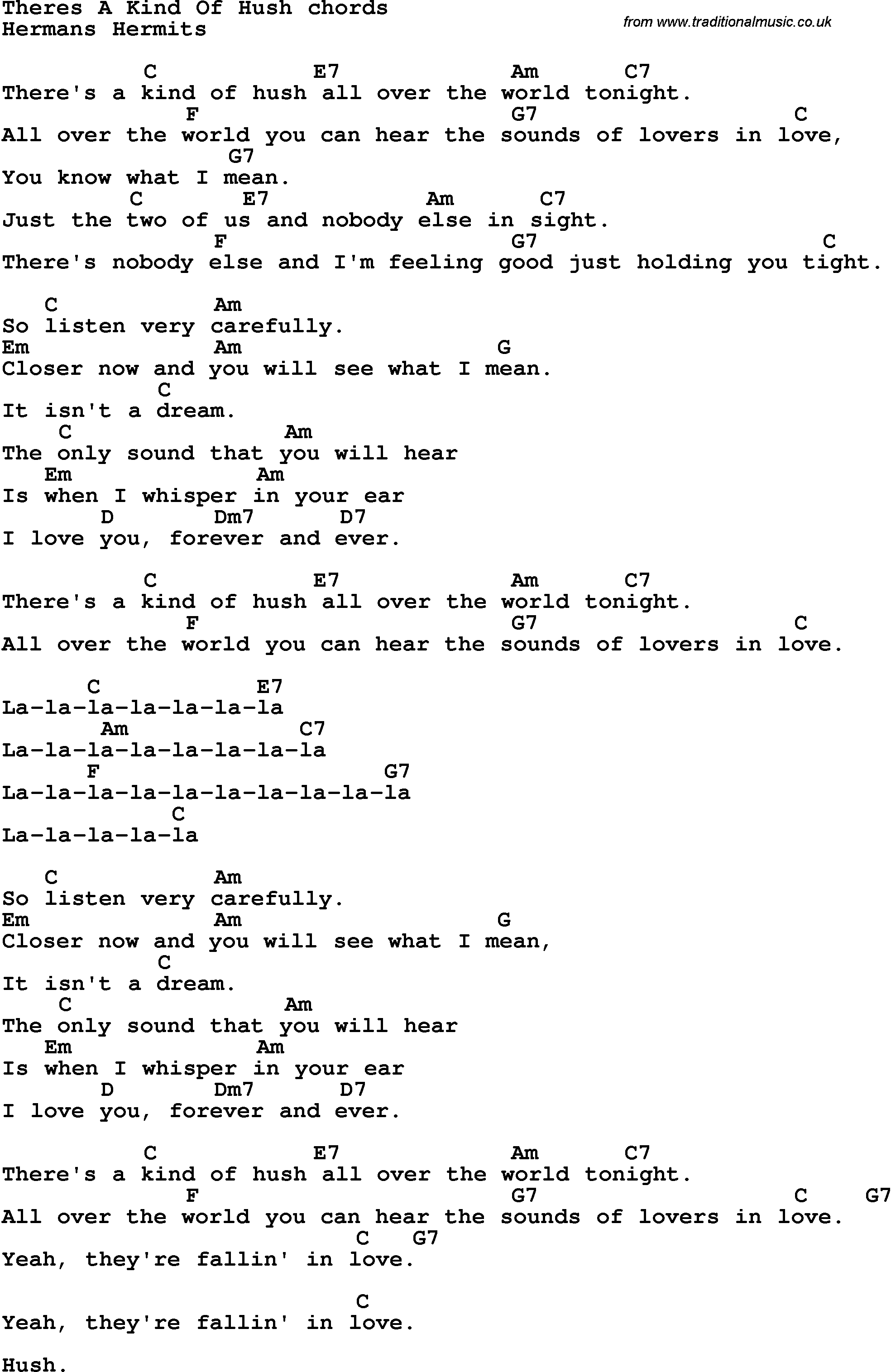Song Lyrics with guitar chords for There's A Kind Of Hush - Herman’s Hermits