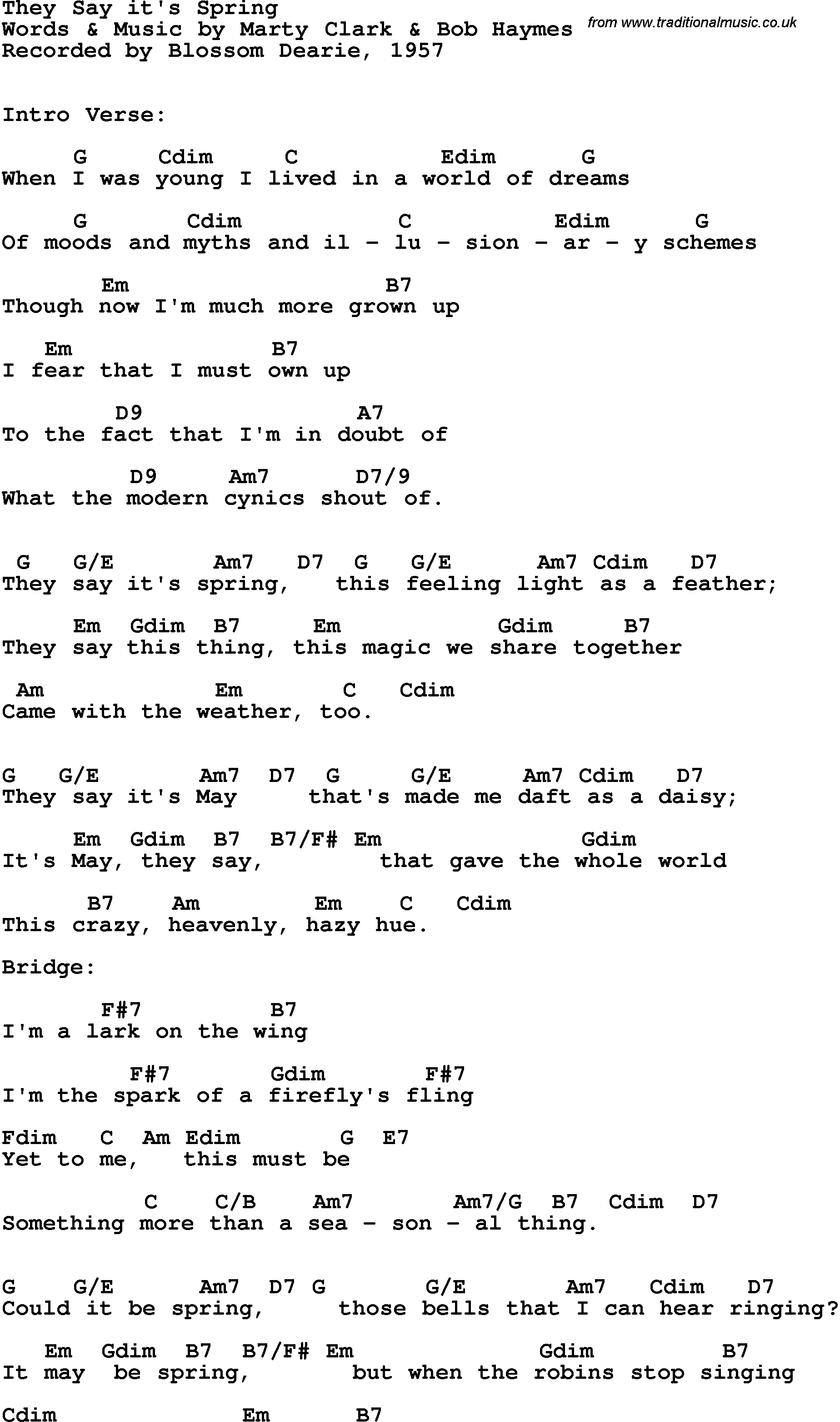 Song Lyrics with guitar chords for They Say It's Spring - Blossom Dearie, 1957