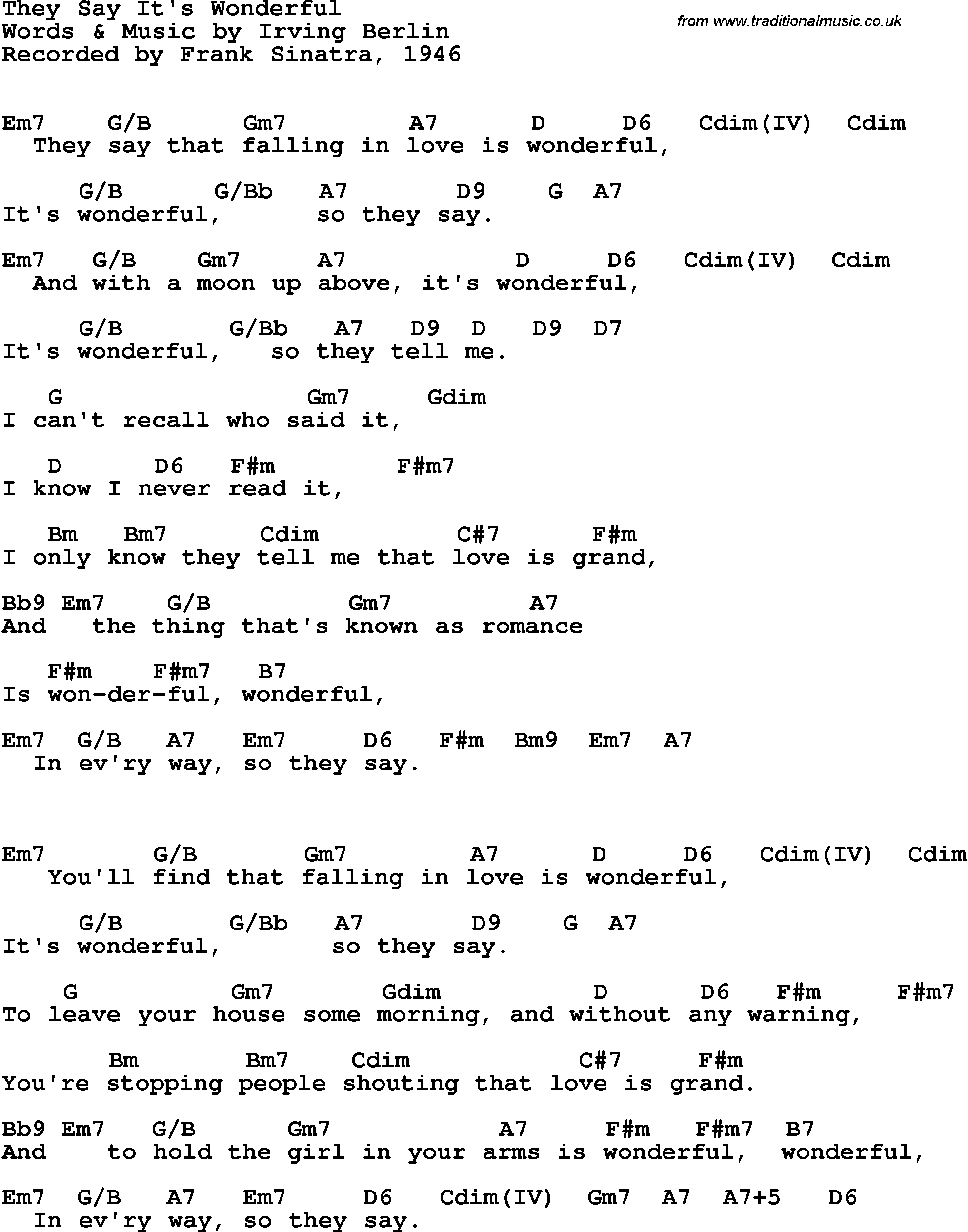 Song Lyrics with guitar chords for They Say It's Wonderful - Frank Sinatra, 1946