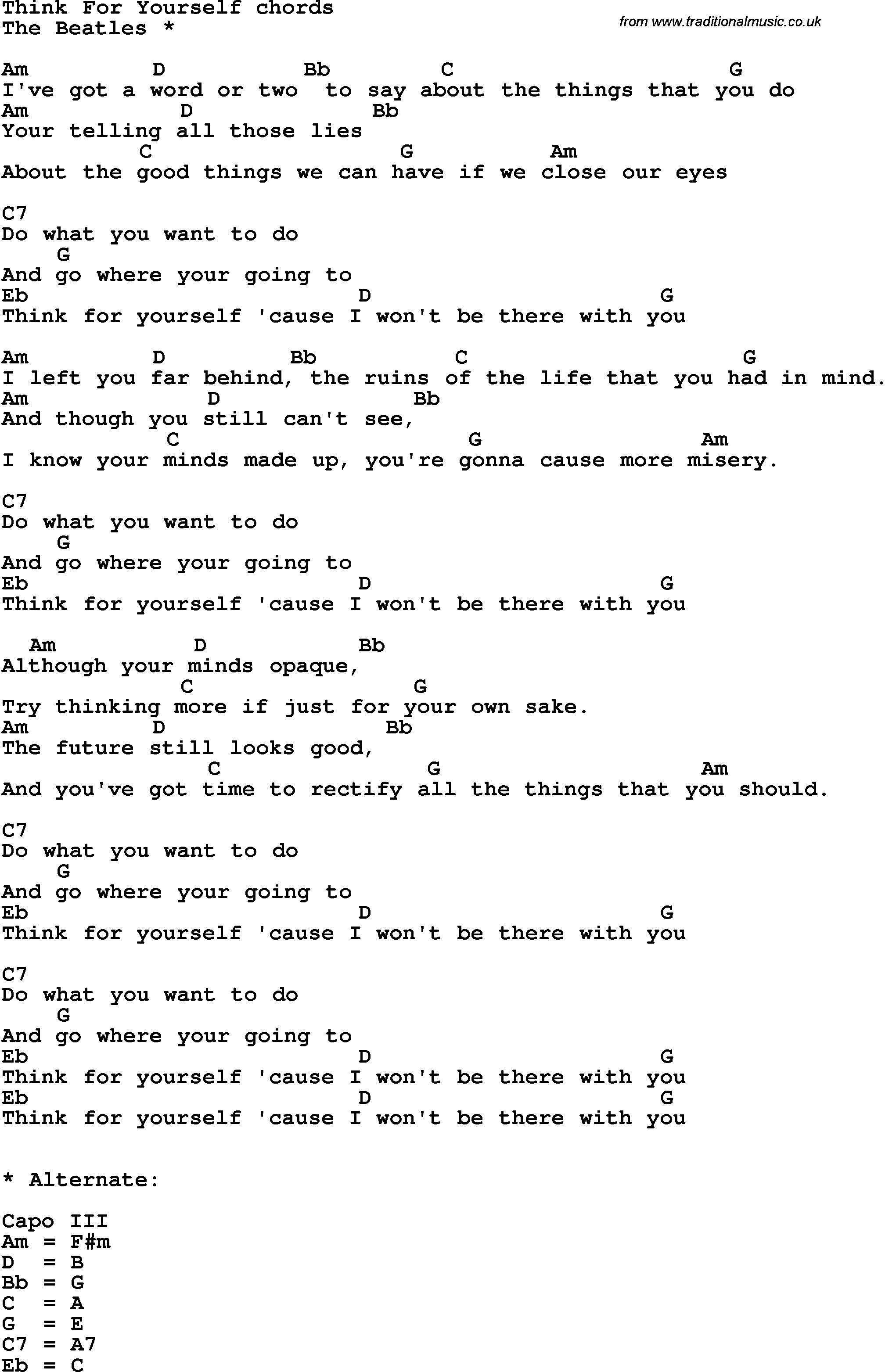 Song Lyrics with guitar chords for Think For Yourself