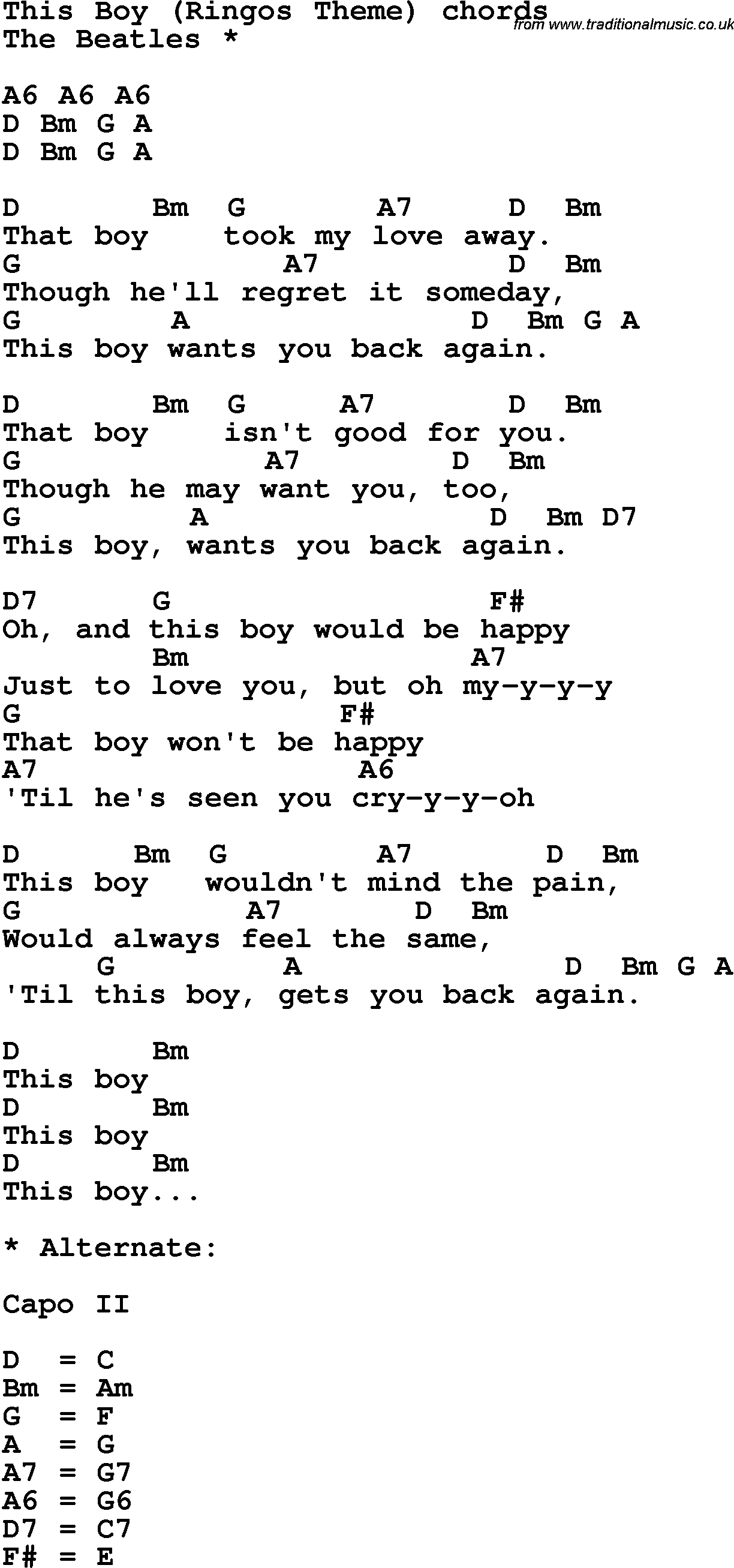 Song Lyrics with guitar chords for This Boy - The Beatles