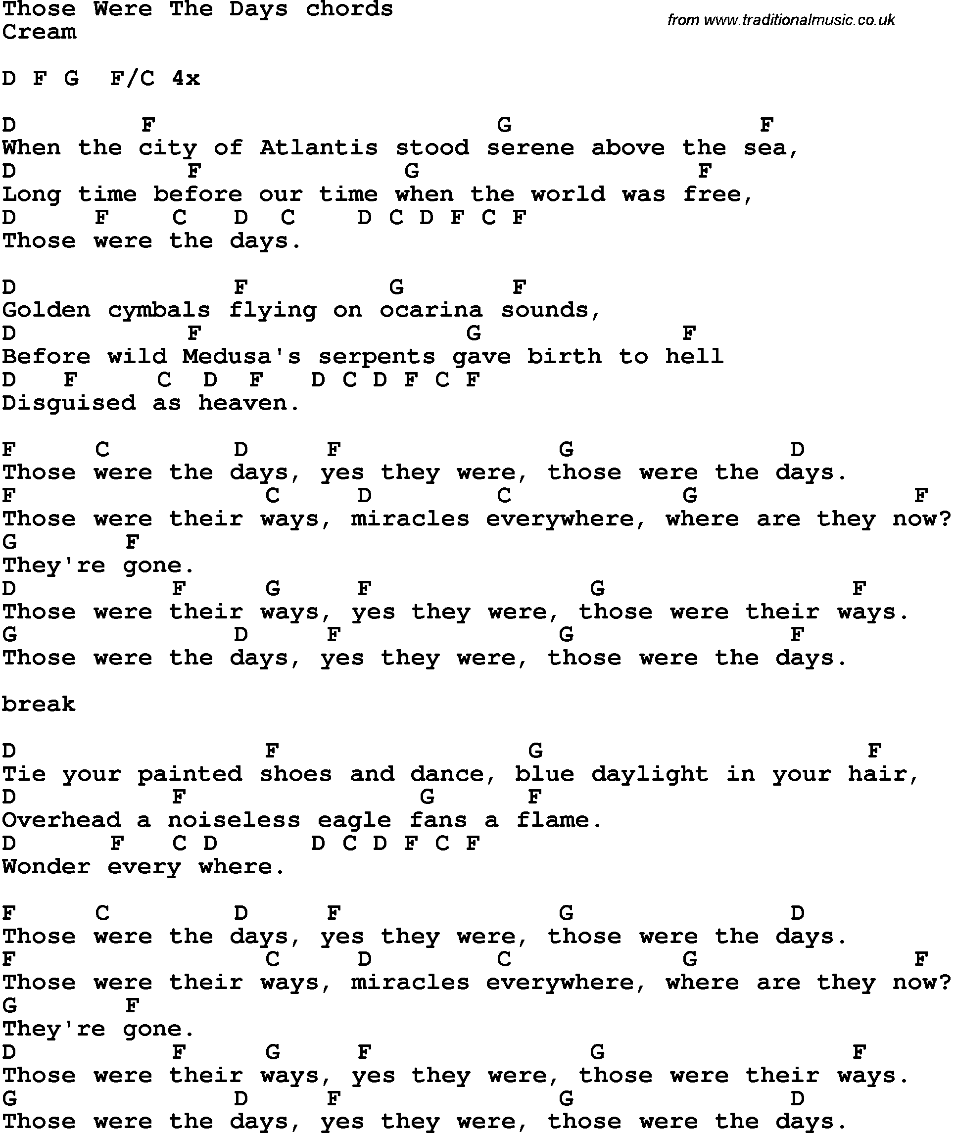 Song Lyrics with guitar chords for Those Were The Days - Cream