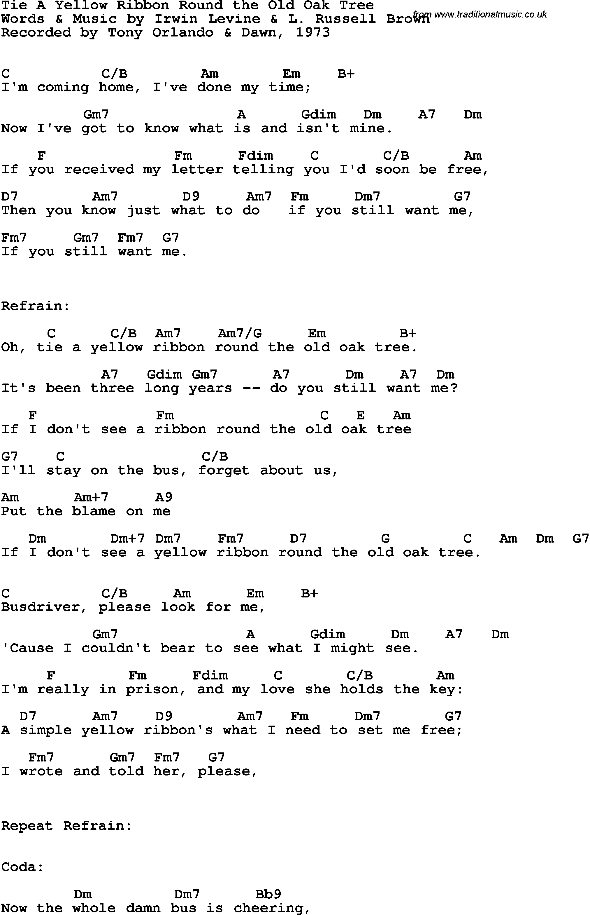 Song Lyrics with guitar chords for Tie A Yellow Ribbon Round The Old Oak Tree - Tony Orlando & Dawn, 1973