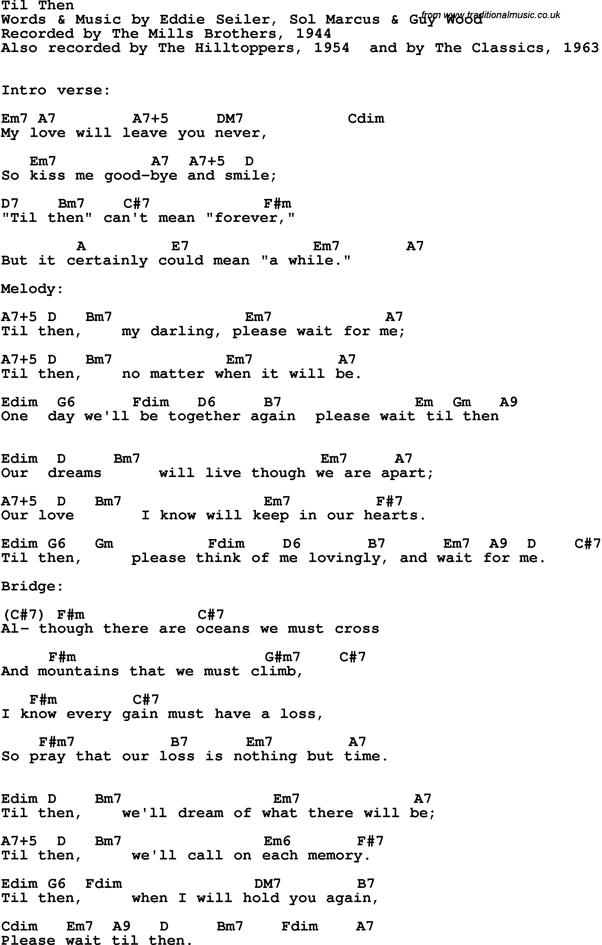 Song Lyrics with guitar chords for Til Then - The Mills Brothers, 1944