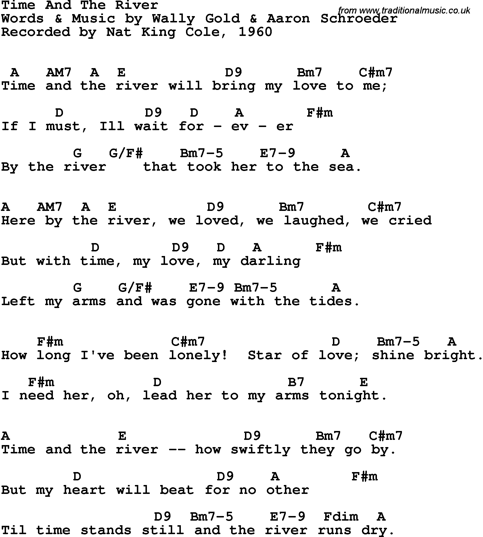 Song Lyrics with guitar chords for Time And The River - Nat King Cole, 1960