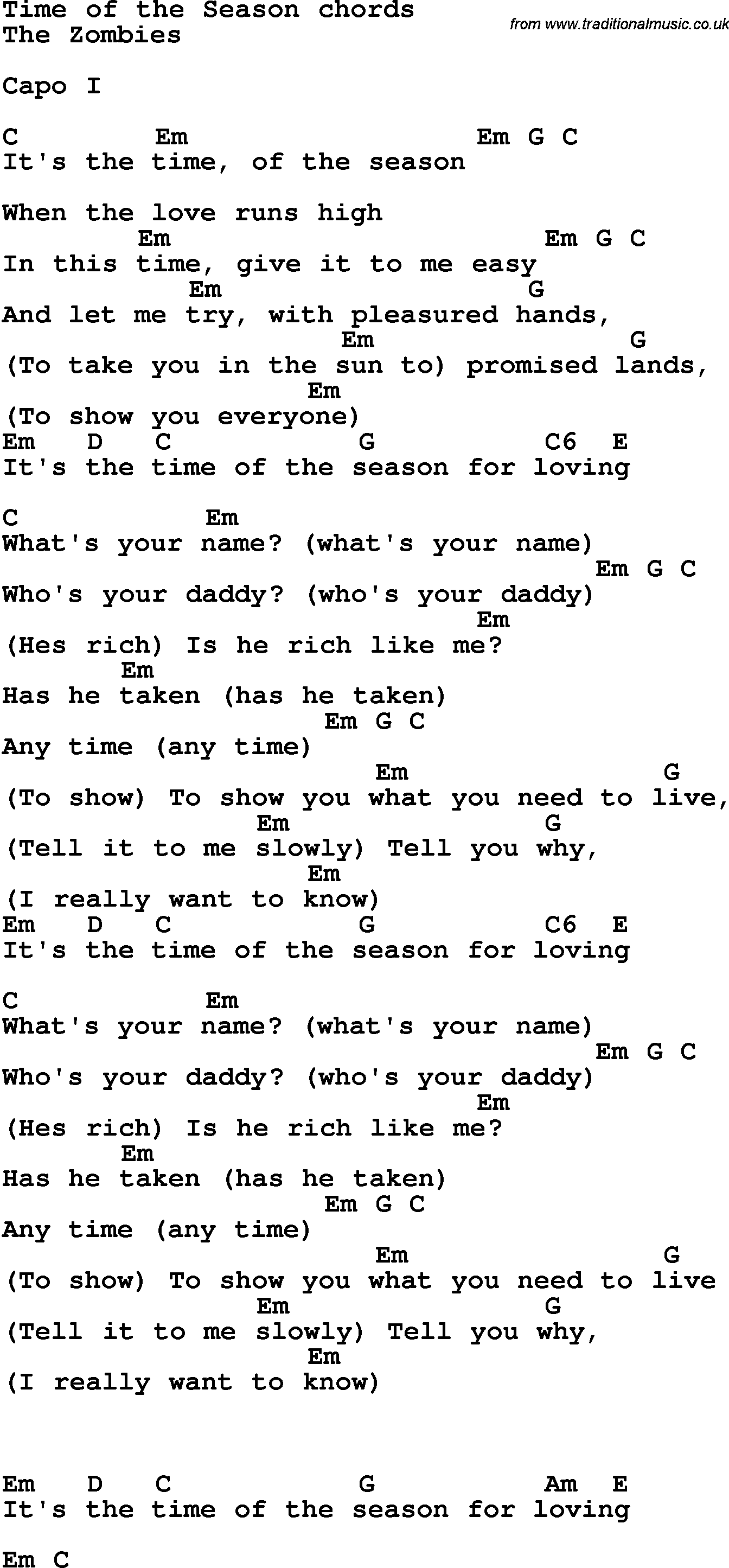 Song Lyrics with guitar chords for Time Of The Season